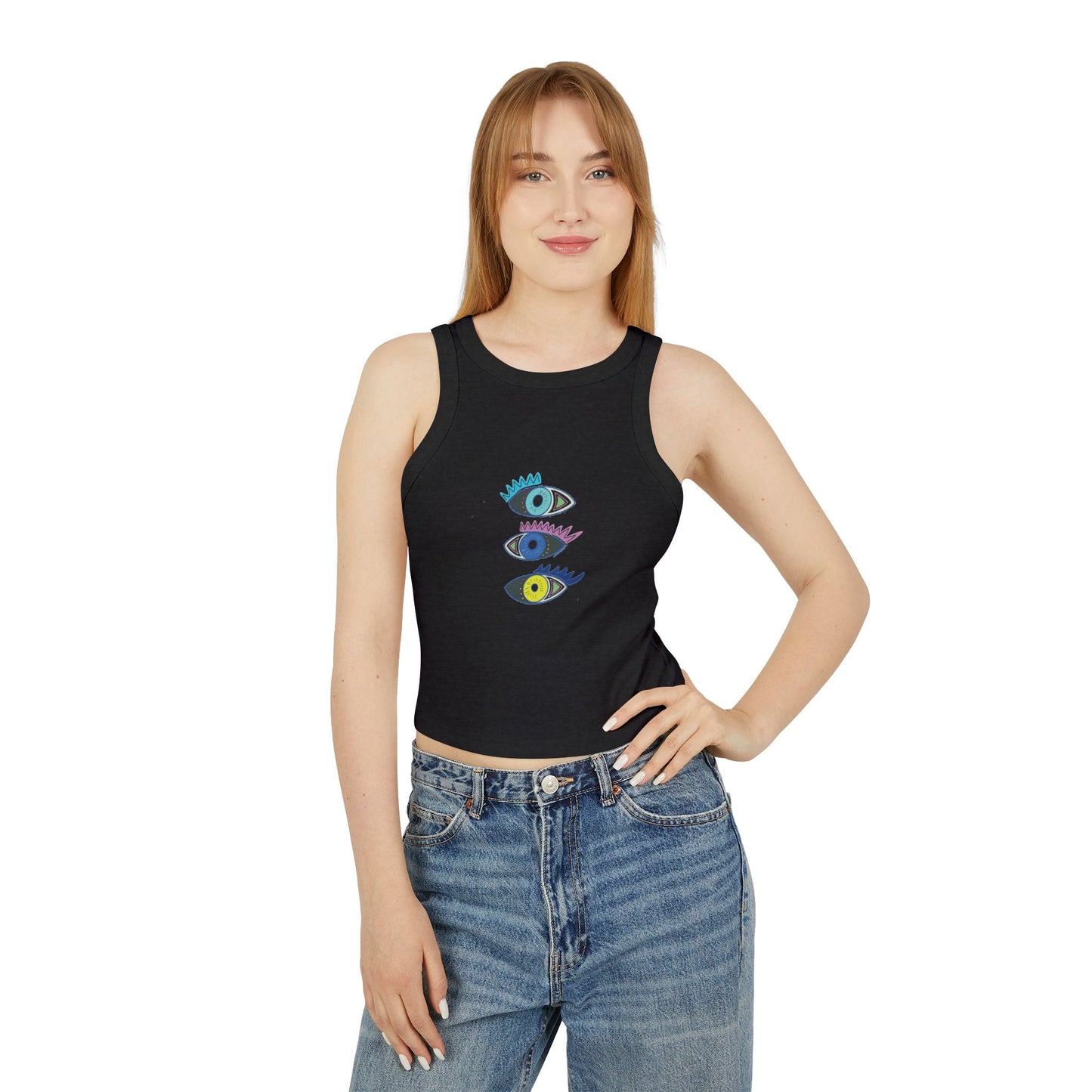 Trendy Women's Micro Rib Racer Tank Top with Colorful Eye Design, Casual Wear, Summer Essential, Gift for Her, Festival Outfit, Yoga Top