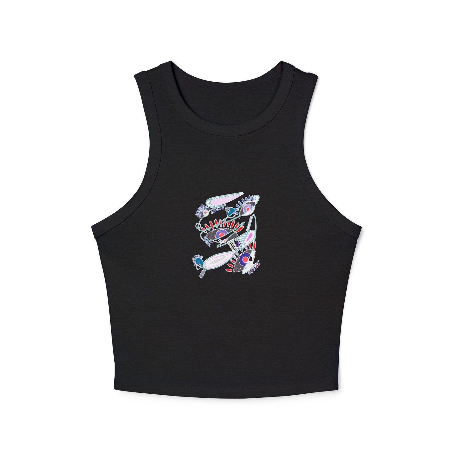 Front flatlay of The Dance of Thought black racer tank top showing symbolic chest print