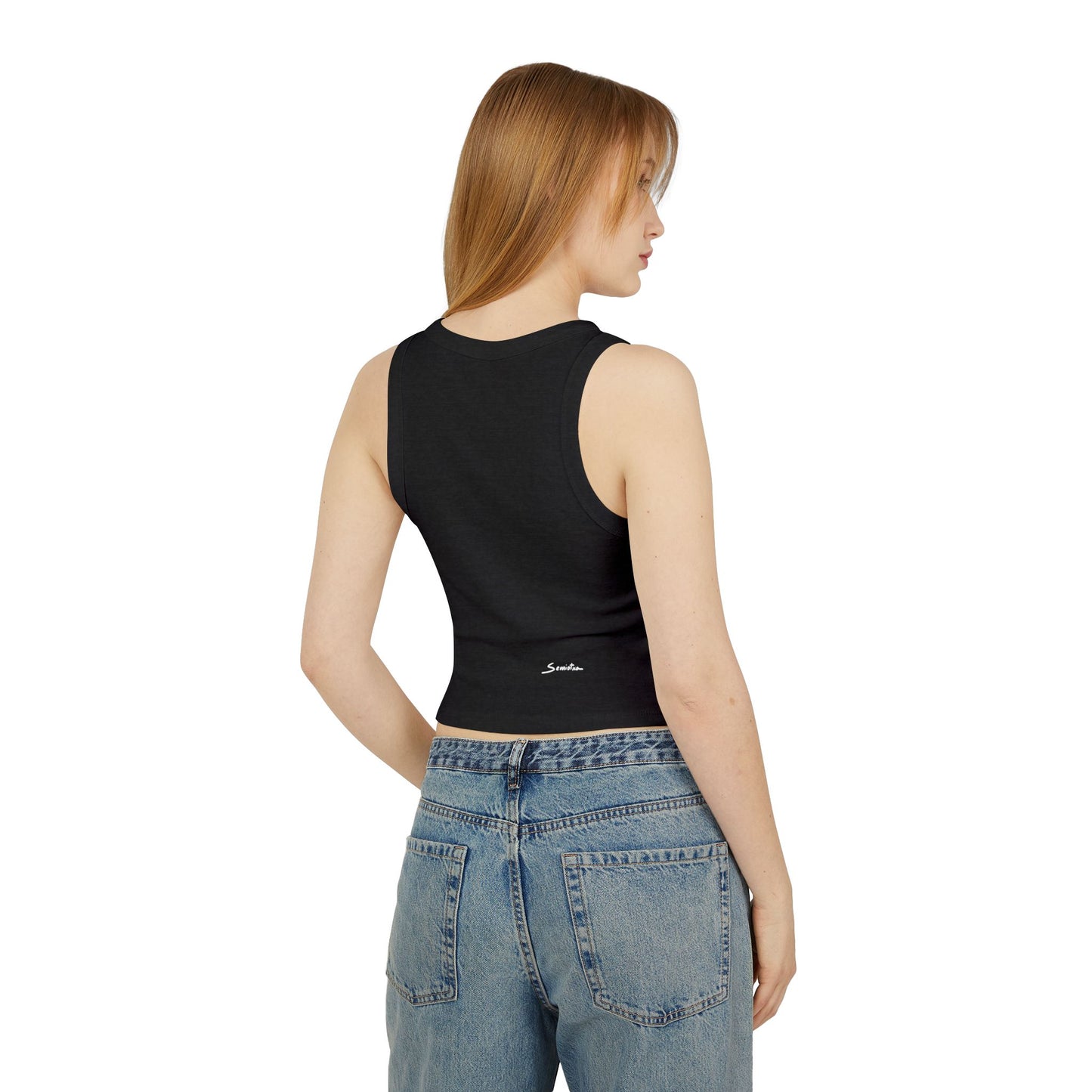 Female model showing the back of The Dance of Thought black tank top