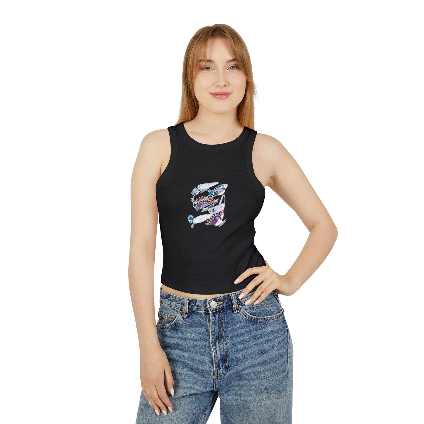 Female model wearing The Dance of Thought black tank top front view