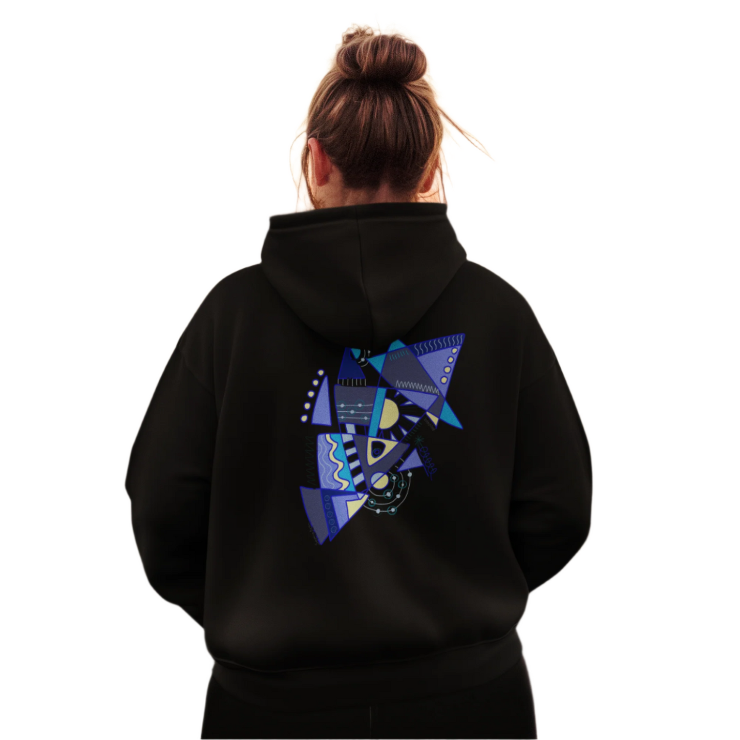 Woman wearing the “Electric Balance” hoodie, showcasing the symbolic and bold electric blue design on the back.