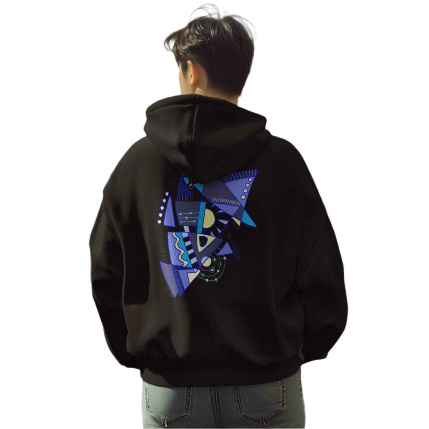 Man wearing the black “Electric Balance” hoodie, highlighting the large abstract back print with vibrant blue geometric shapes.