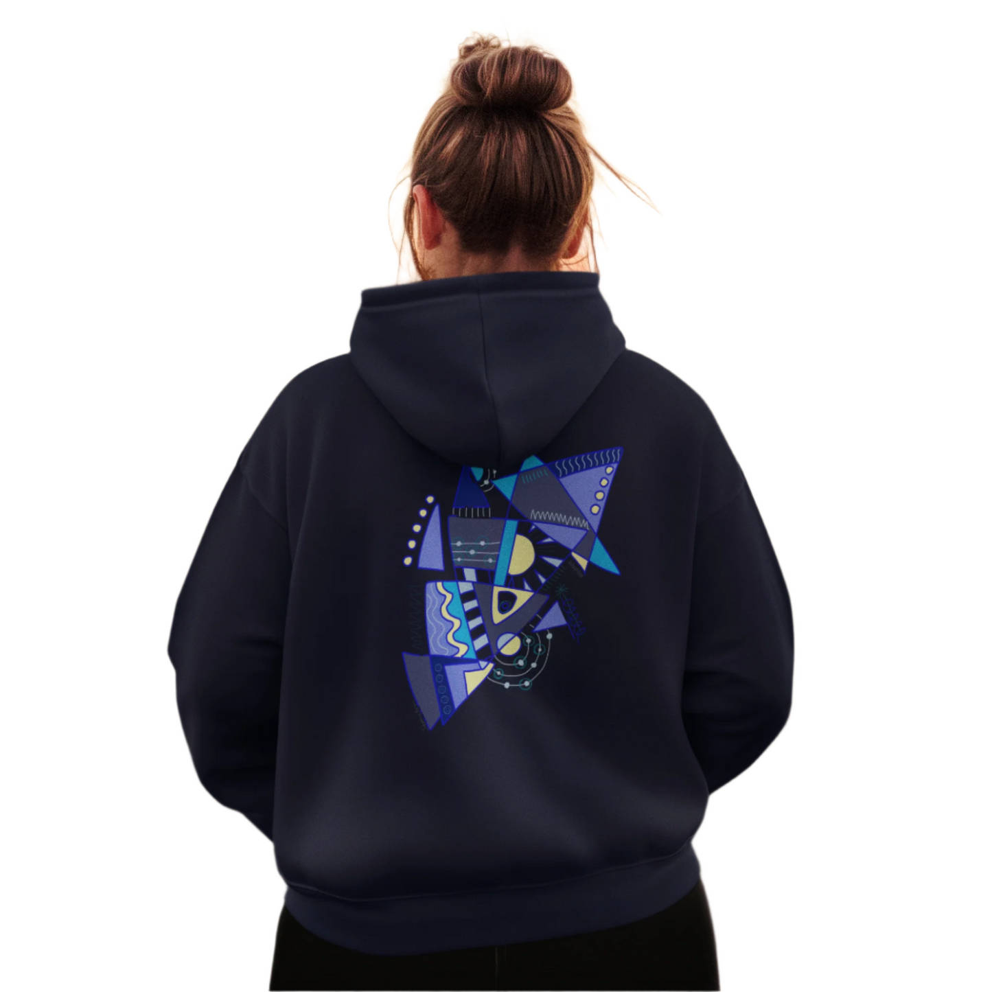 Woman in the navy “Electric Balance” hoodie with focus on the dynamic, symbolic back design in layered abstract shapes.