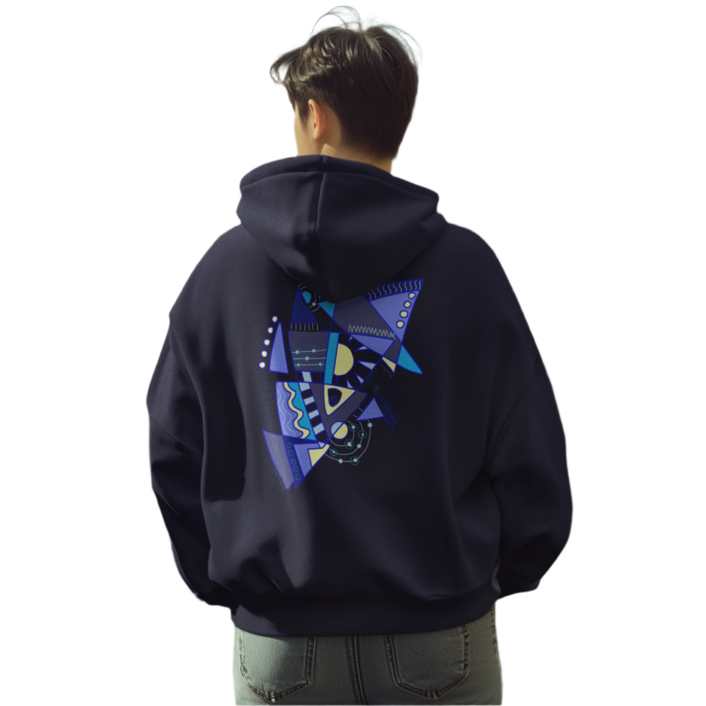Man wearing the navy “Electric Balance” hoodie, showcasing the symbolic blue-toned abstract artwork printed on the back.