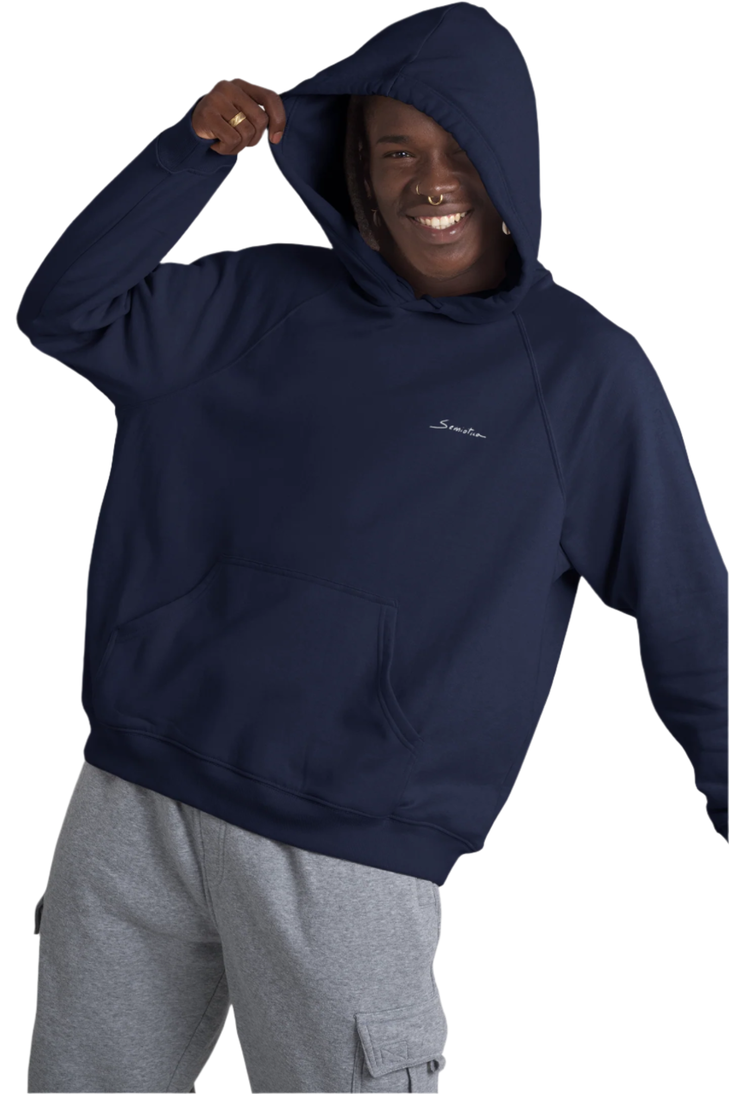 Smiling man wearing the navy “Electric Balance” hoodie with hood up, showing front logo and relaxed unisex fit.