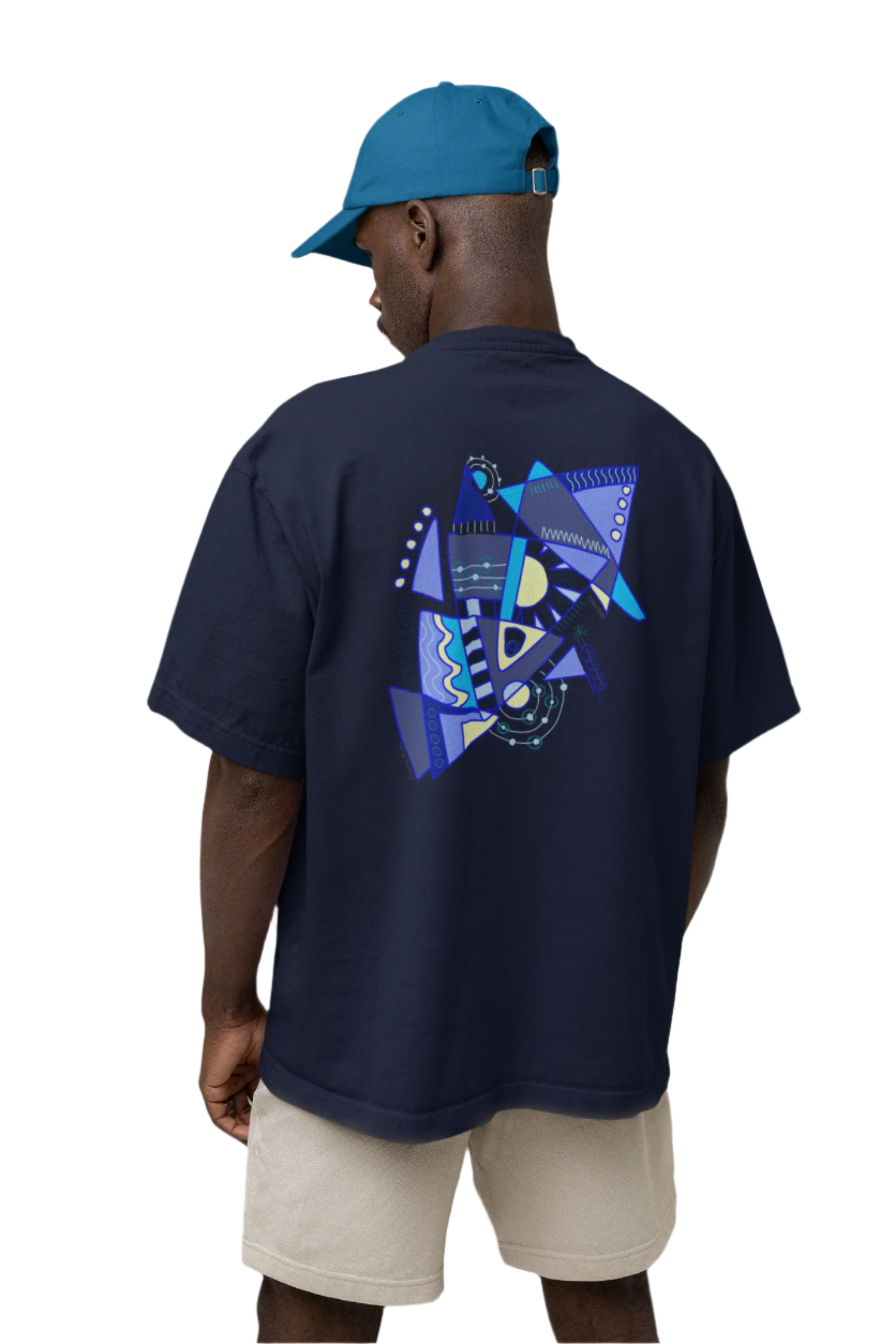 Male model wearing navy oversized t-shirt with abstract back print by Semiotica.