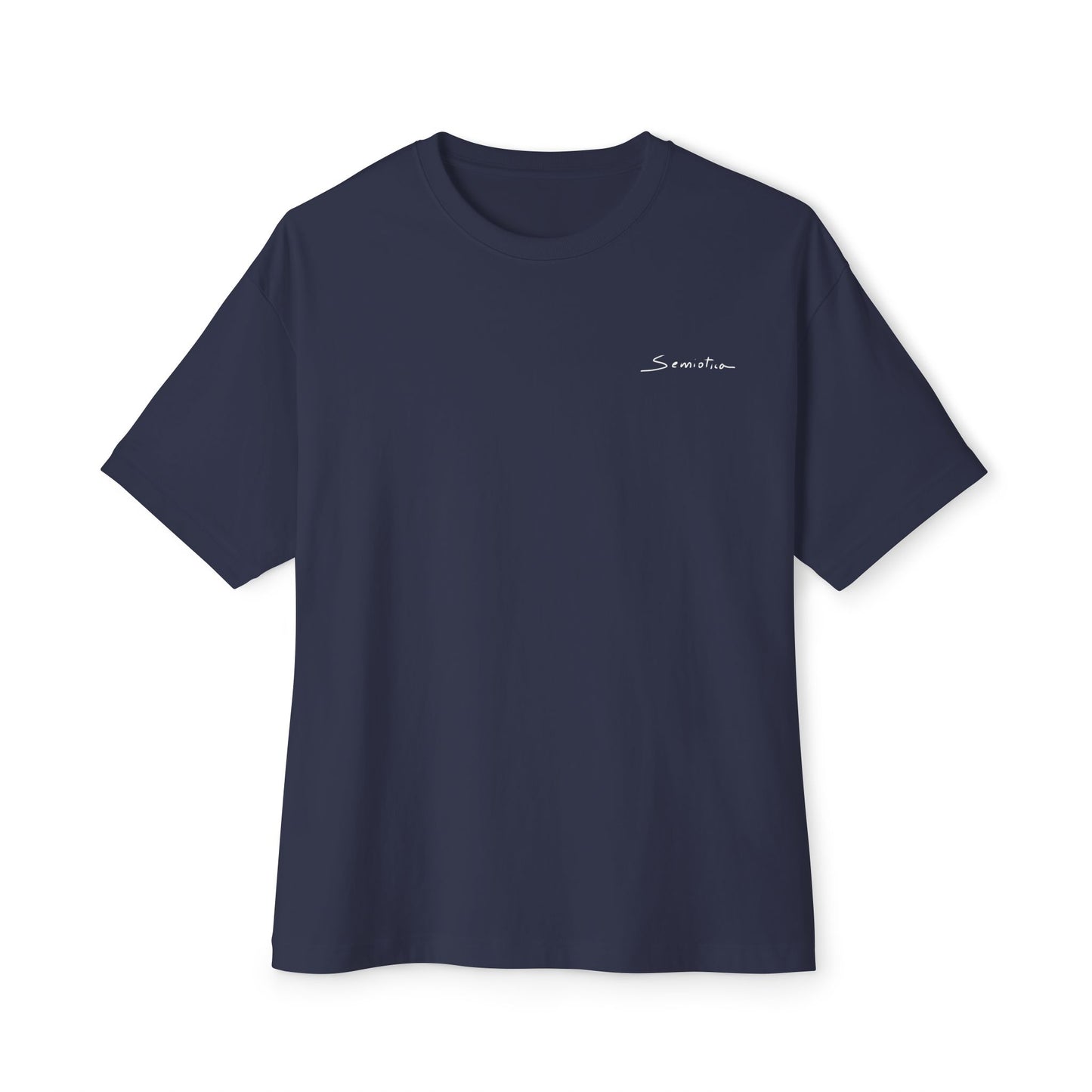 Front view of navy oversized t-shirt with minimal Semiotica logo on chest.