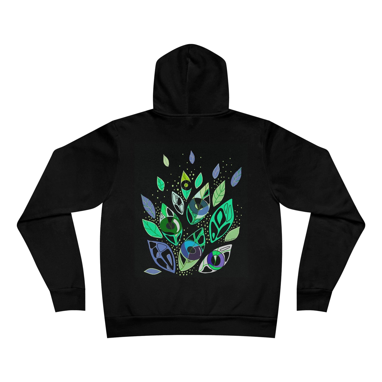 Back view of Emotional Botanica black hoodie with symbolic leaf-inspired artwork by Semiotica.