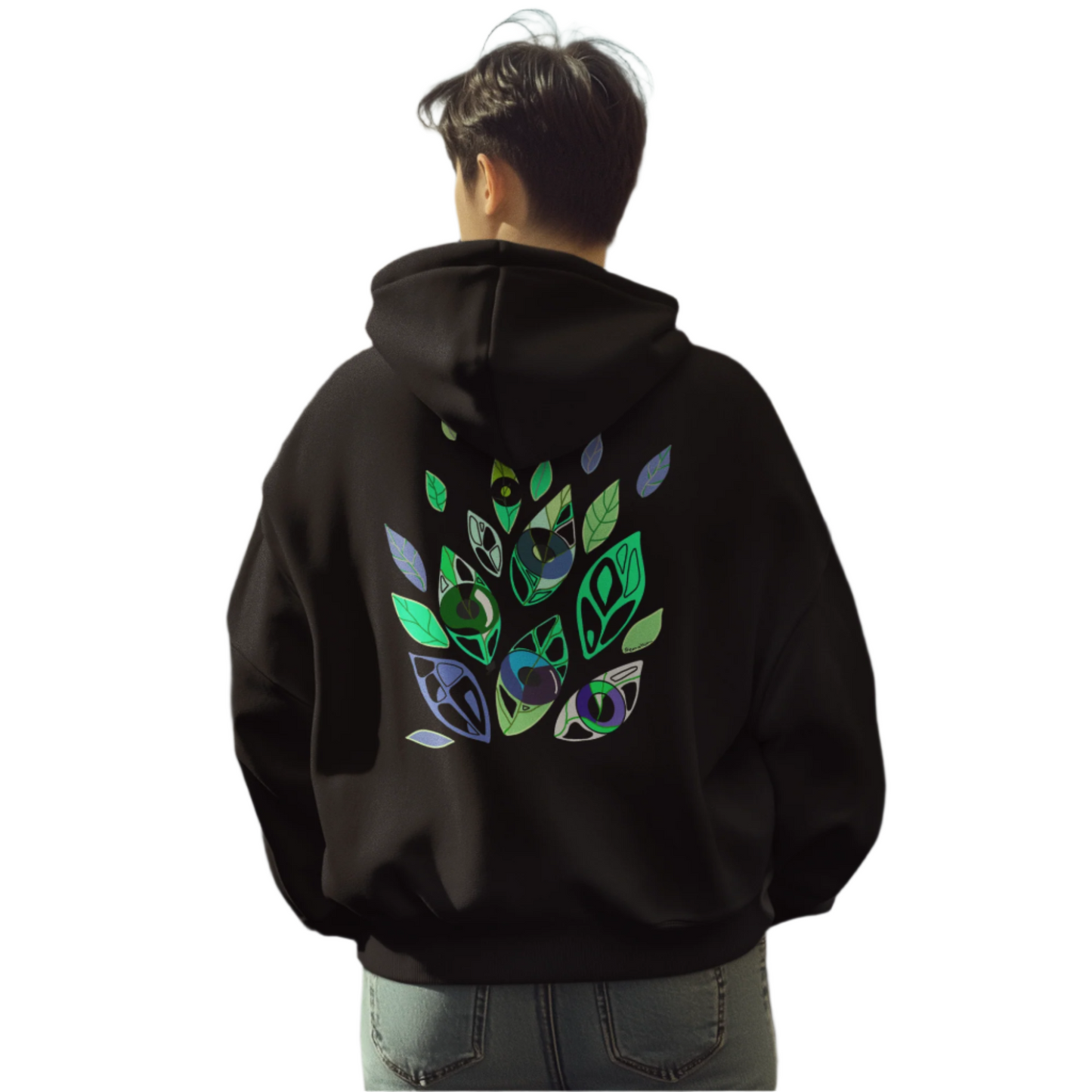 Man wearing Emotional Botanica black hoodie by Semiotica, showing the abstract botanical back design.