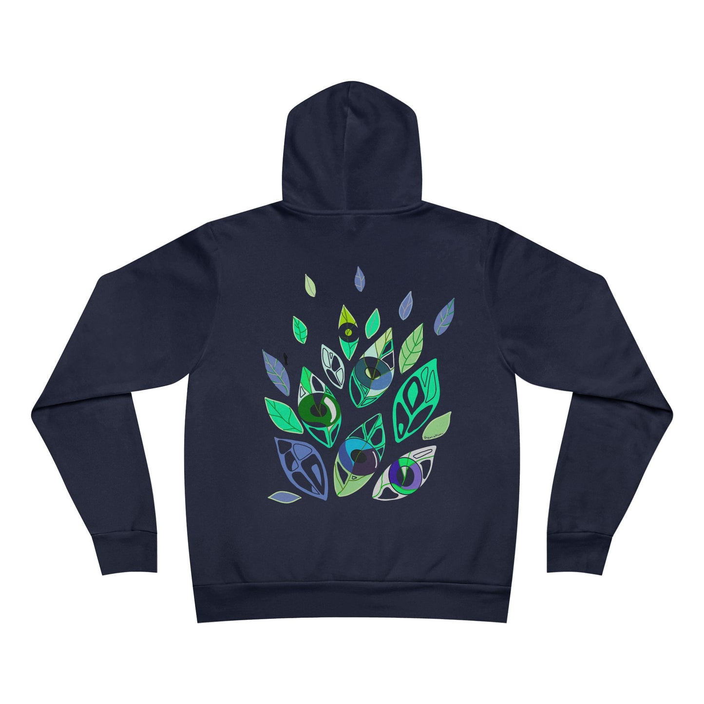 Back view of Emotional Botanica navy hoodie with abstract symbolic leaf design by Semiotica.
