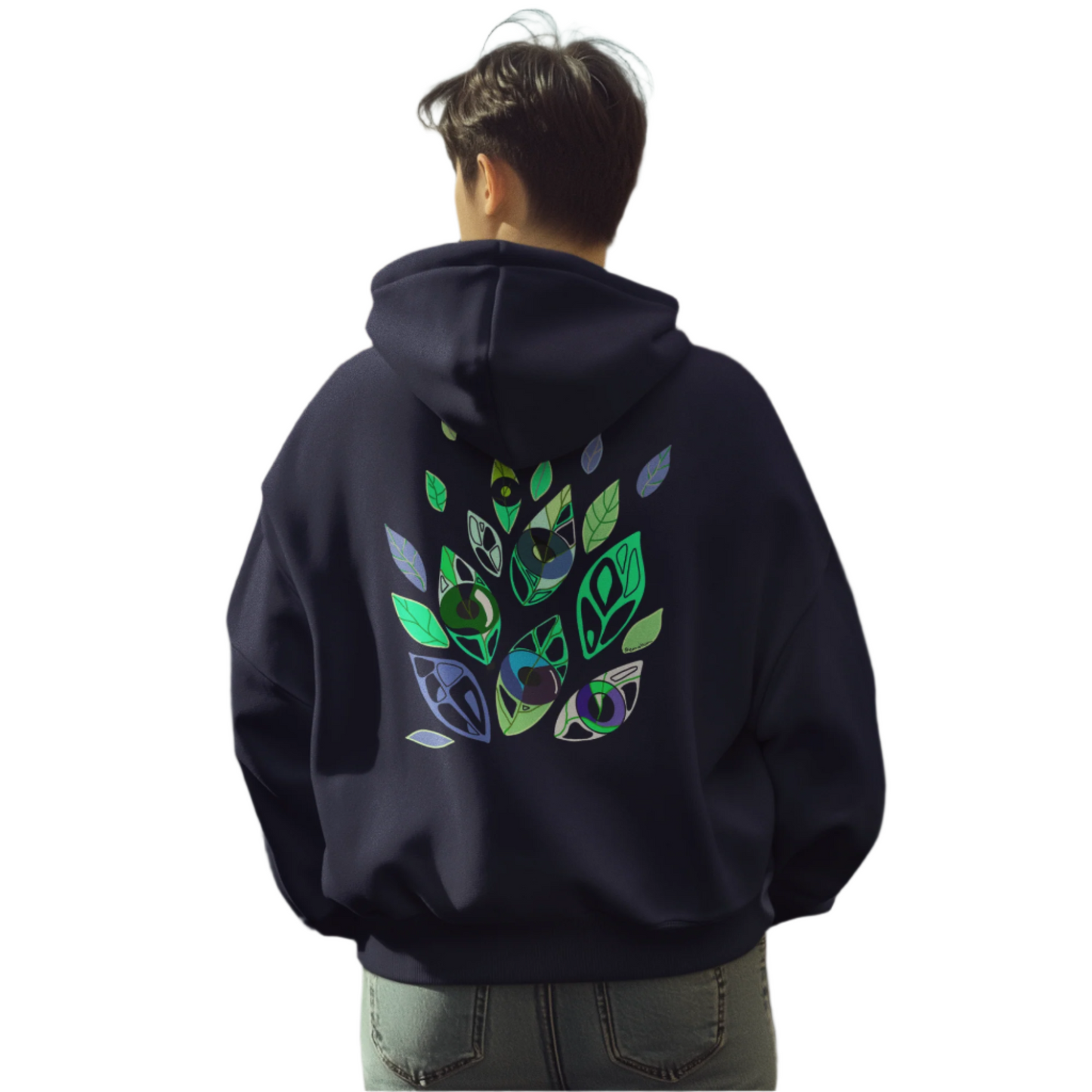 Man wearing Emotional Botanica navy hoodie showing expressive leaf-inspired artwork by Semiotica.