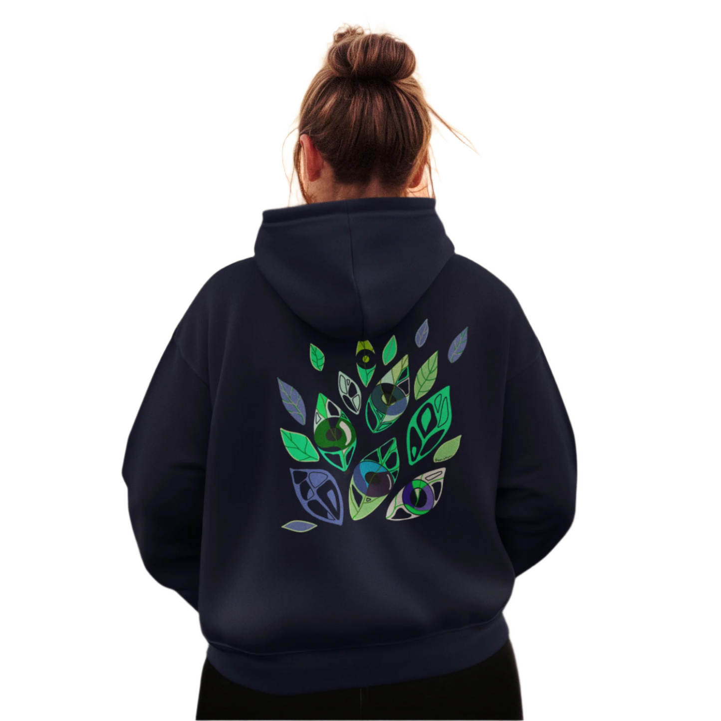 Woman wearing Emotional Botanica hoodie with symbolic botanical print on the back.