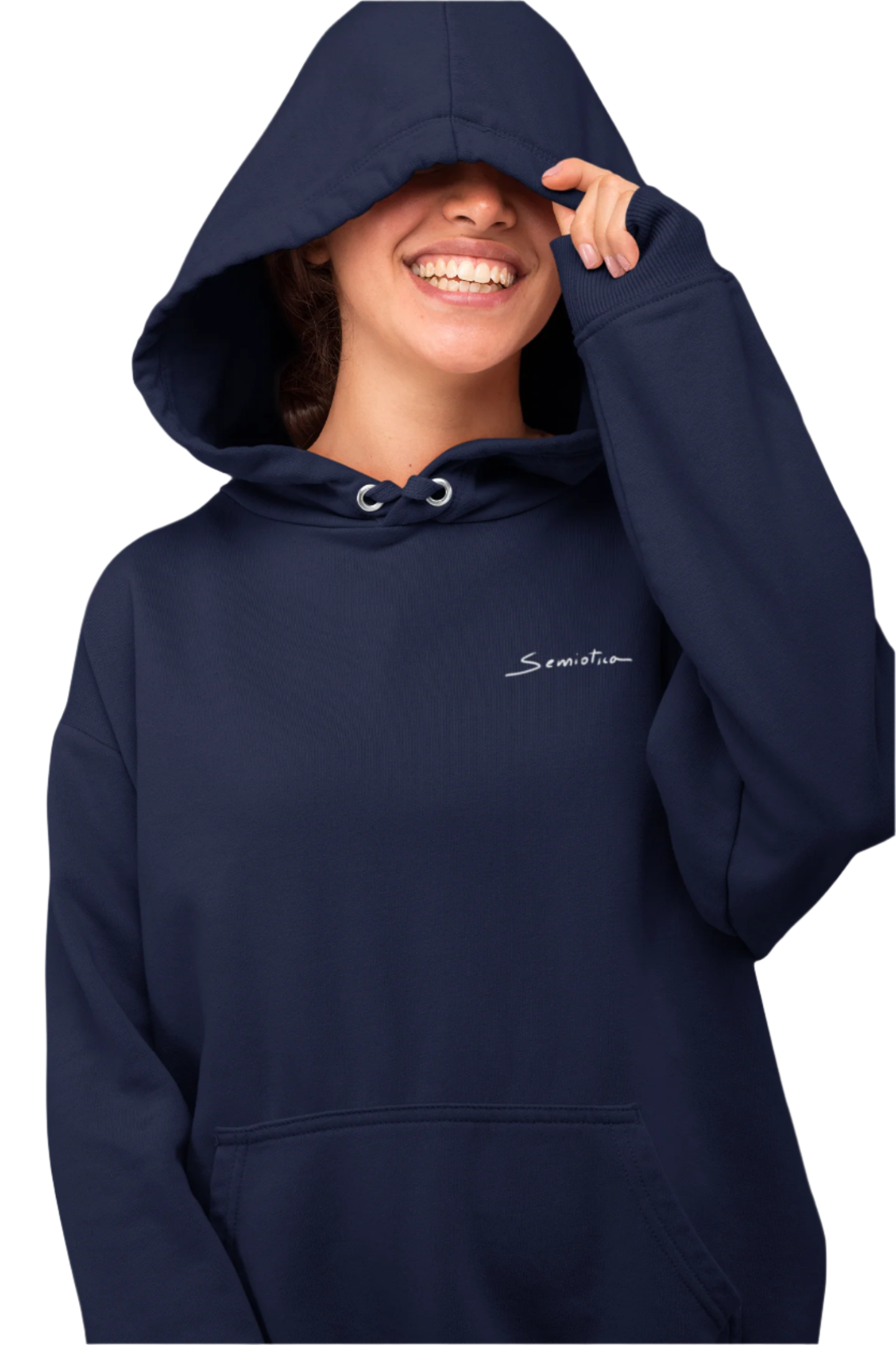 Smiling woman wearing the Emotional Botanica navy hoodie with hood up and Semiotica logo visible.