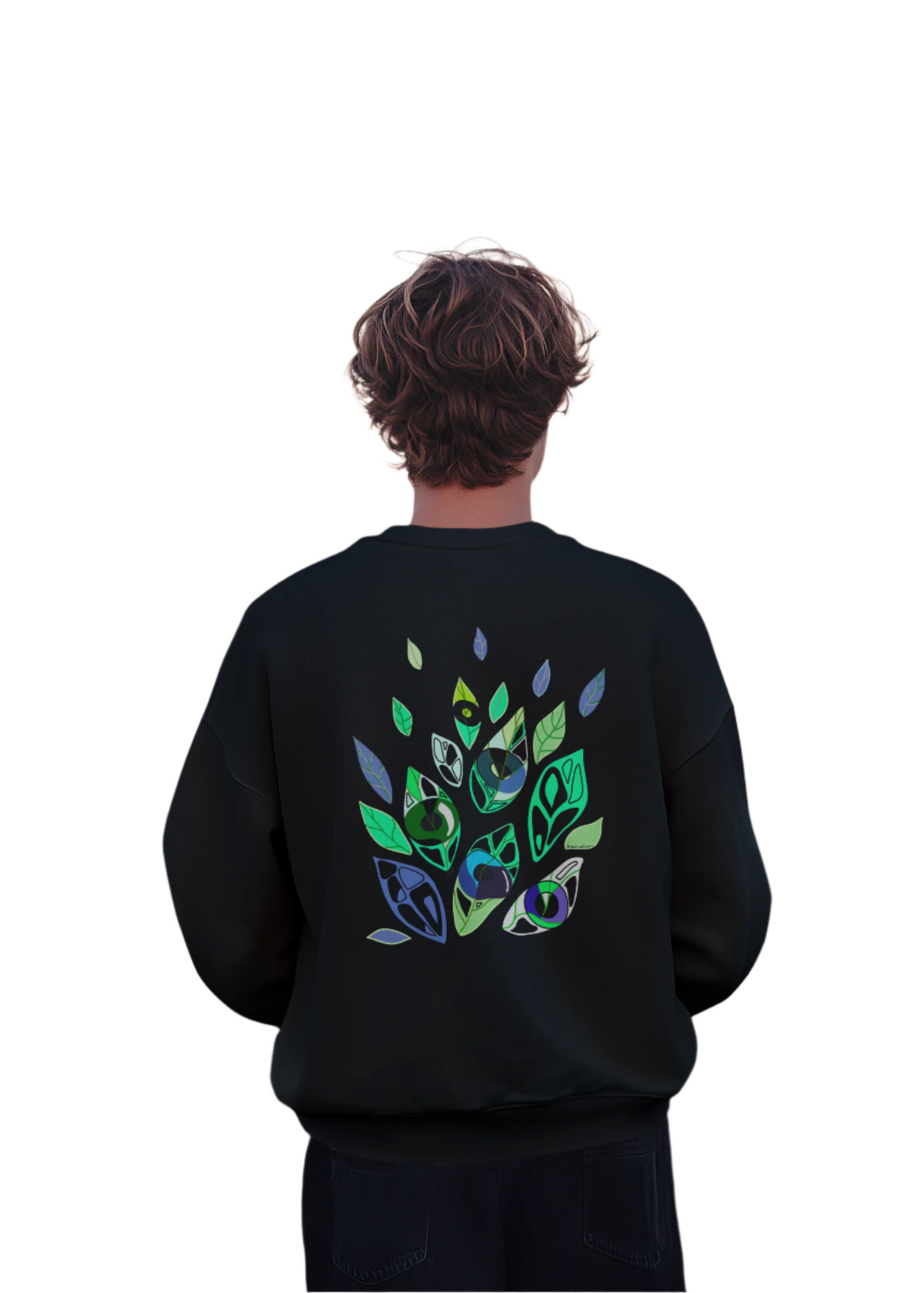 Man wearing the Emotional Botanica sweatshirt showing symbolic green and blue abstract back design.