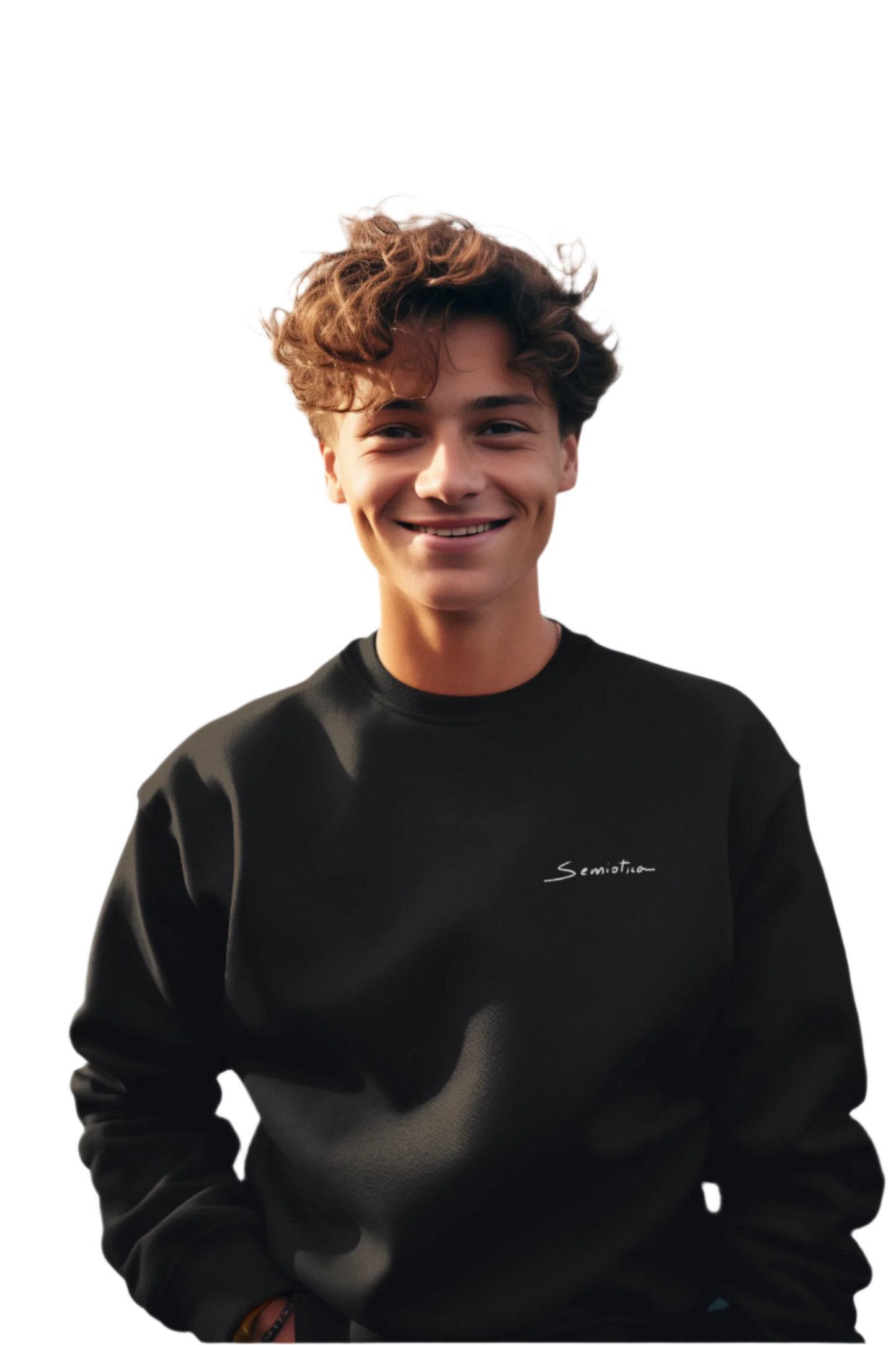 Smiling man wearing Emotional Botanica black sweatshirt with Semiòtica logo on the front.