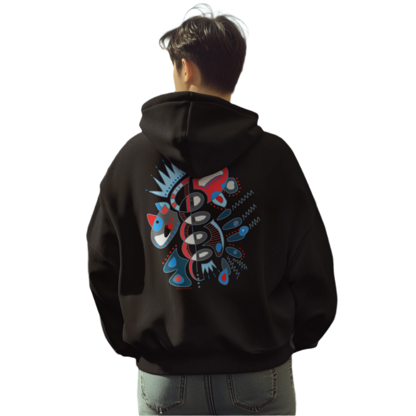 Man wearing Heartbeat Spiral Hoodie seen from the back, highlighting artistic spiral print
