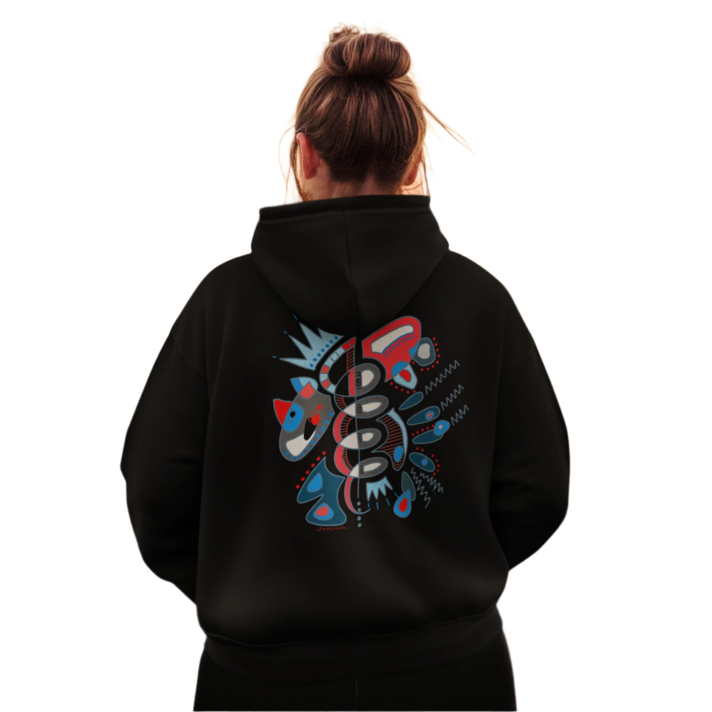 Woman wearing Heartbeat Spiral Hoodie seen from the back, showing full artwork design