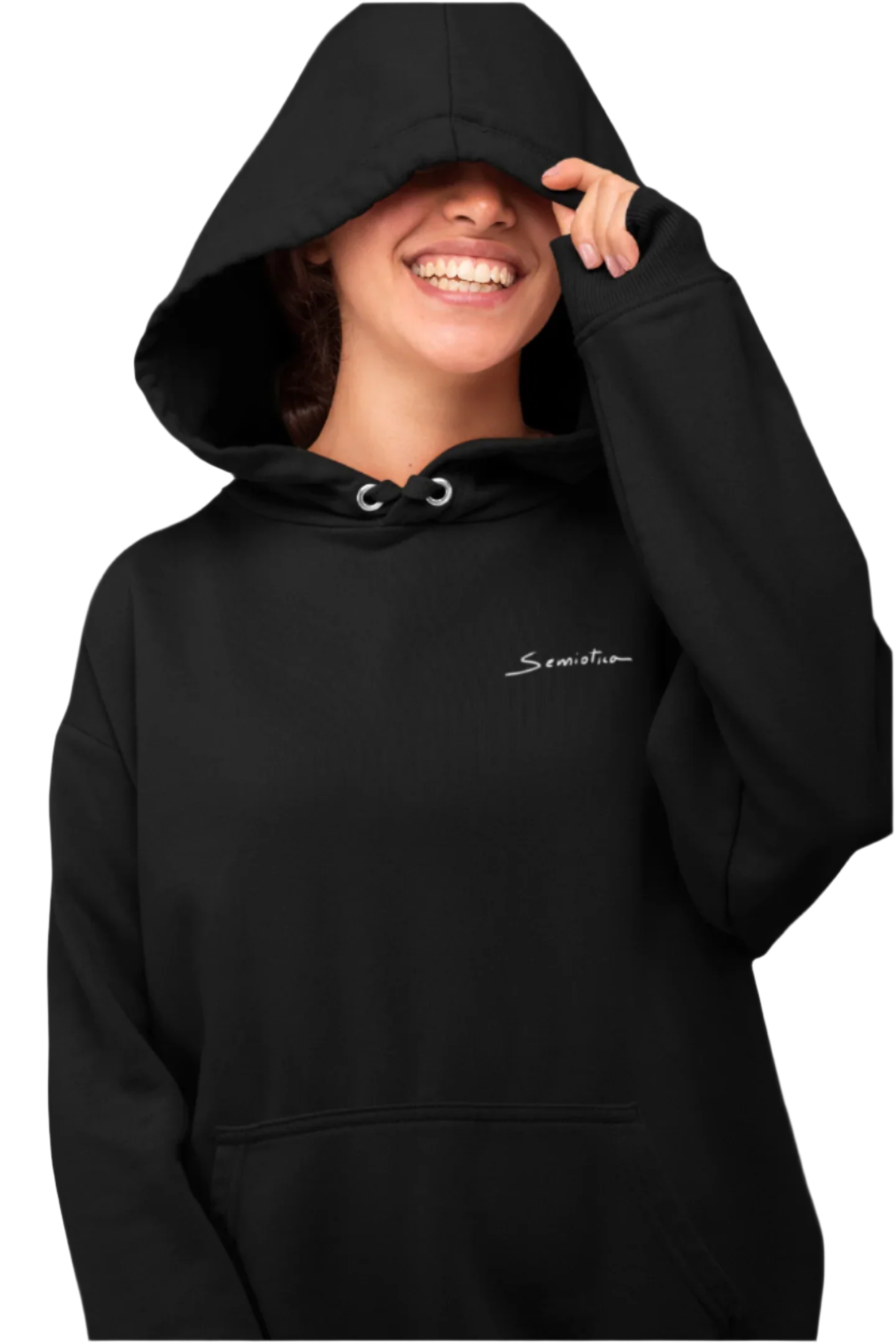 Smiling woman wearing the Emotional Botanica black hoodie with hood up and Semiotica logo visible.