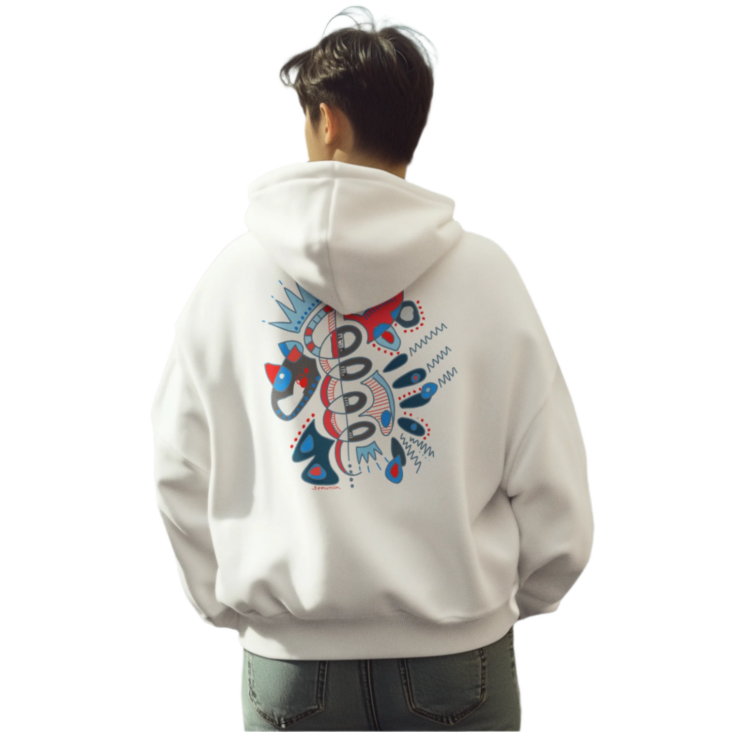 Male model wearing white hoodie with Heartbeat Spiral print on the back