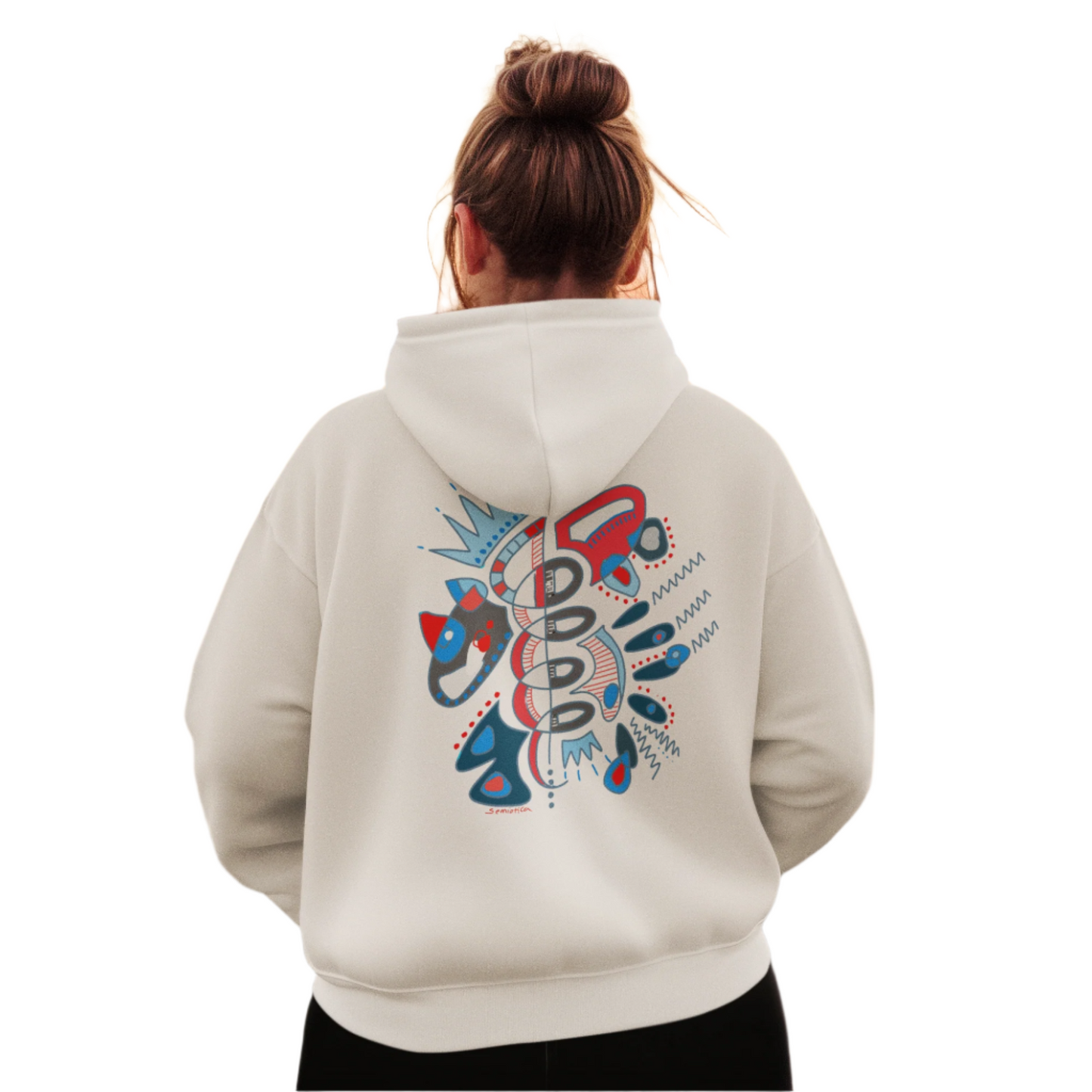 Female model showing back print of Heartbeat Spiral white hoodie by Semiotica