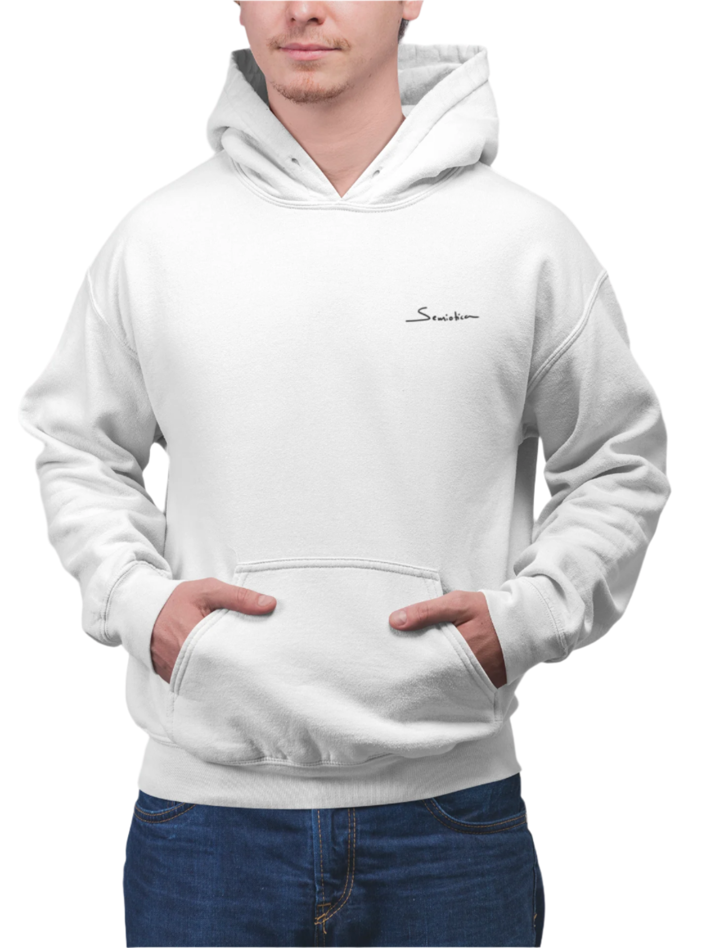 Front view of white unisex hoodie with hood up and Semiotica logo