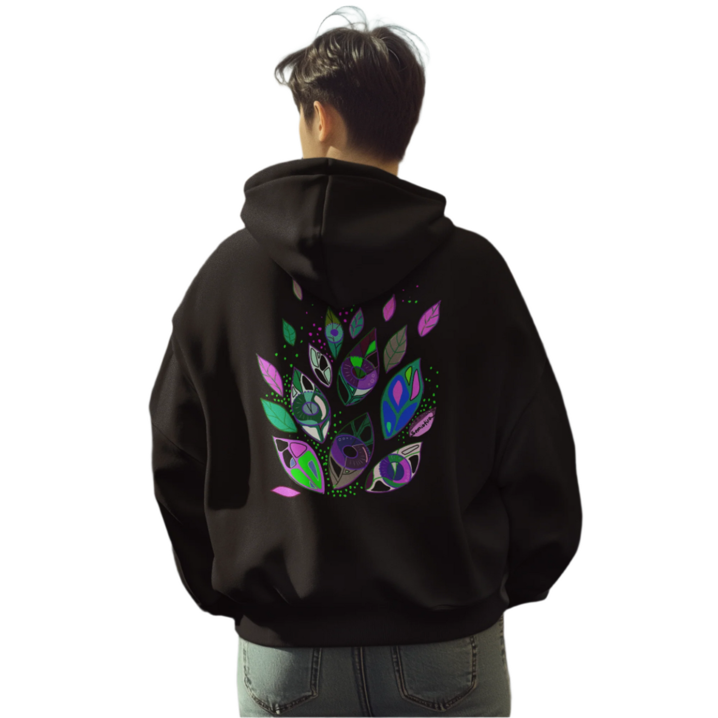 Man wearing the Seeds of Seeing hoodie showing symbolic back print by Semiotica.