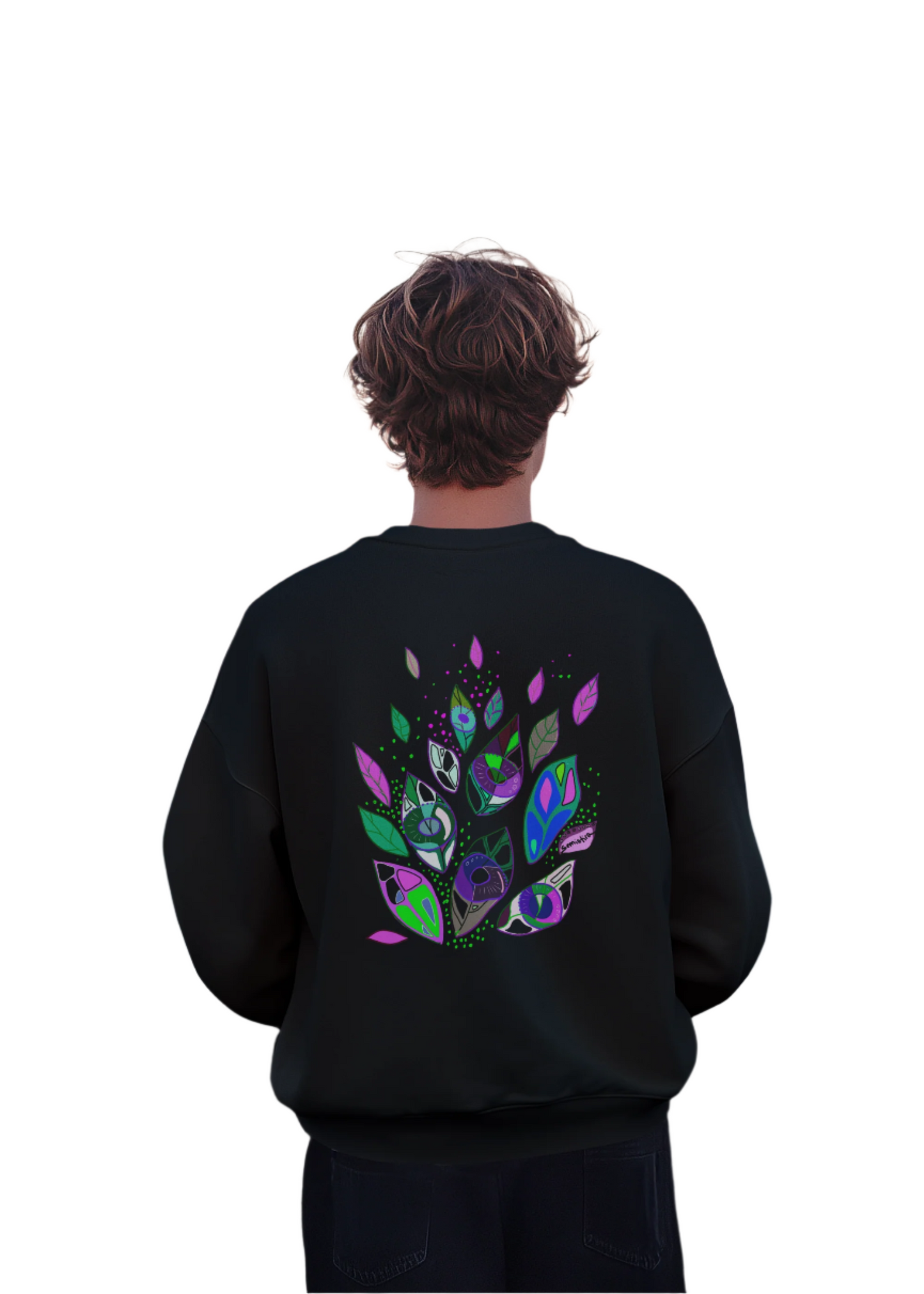 Man wearing the Seeds of Seeing black sweatshirt showing the symbolic back print by Semiotica.