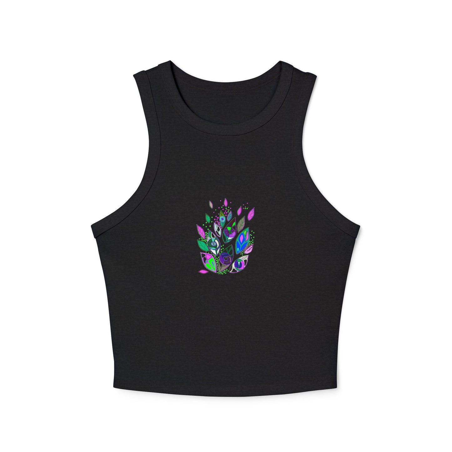 Front view of black racer tank top with symbolic Seeds of Seeing design by Semiòtica.