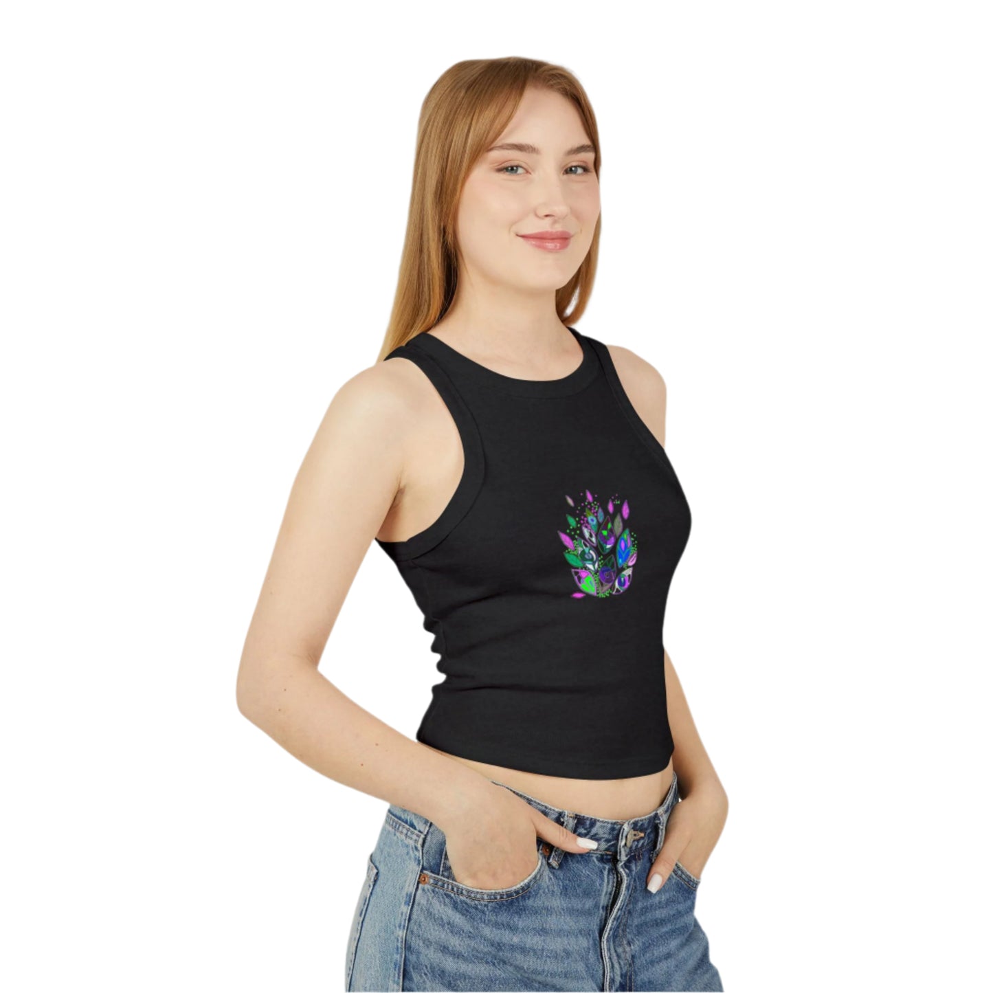 Woman wearing black Semiòtica tank top with symbolic front print from the Seeds of Seeing collection.
