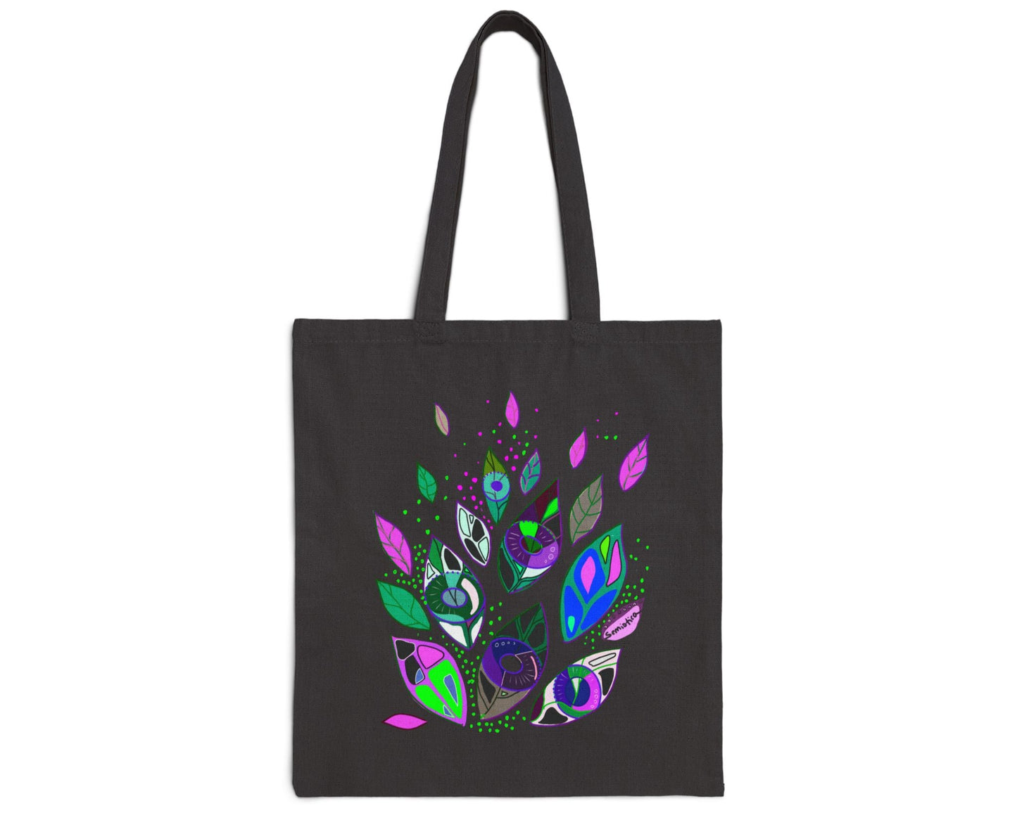 Front view of black tote bag with abstract symbolic design from the Seeds of Seeing collection by Semiòtica.