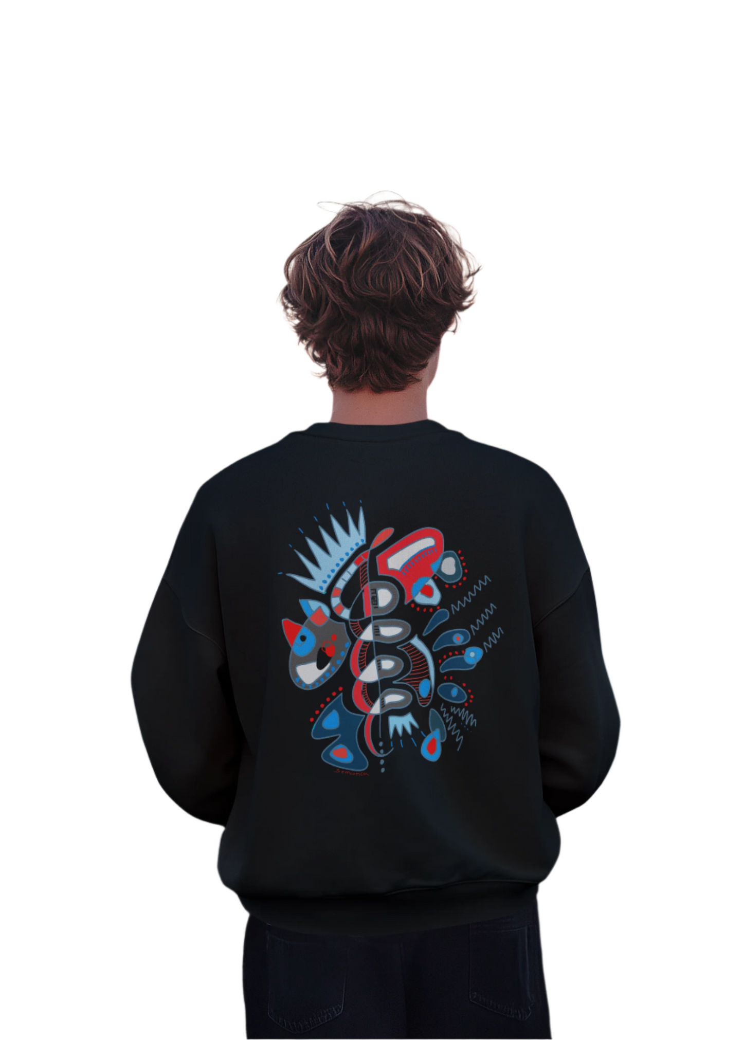 Male model in black Semiotica sweatshirt displaying the abstract spiral artwork on back.