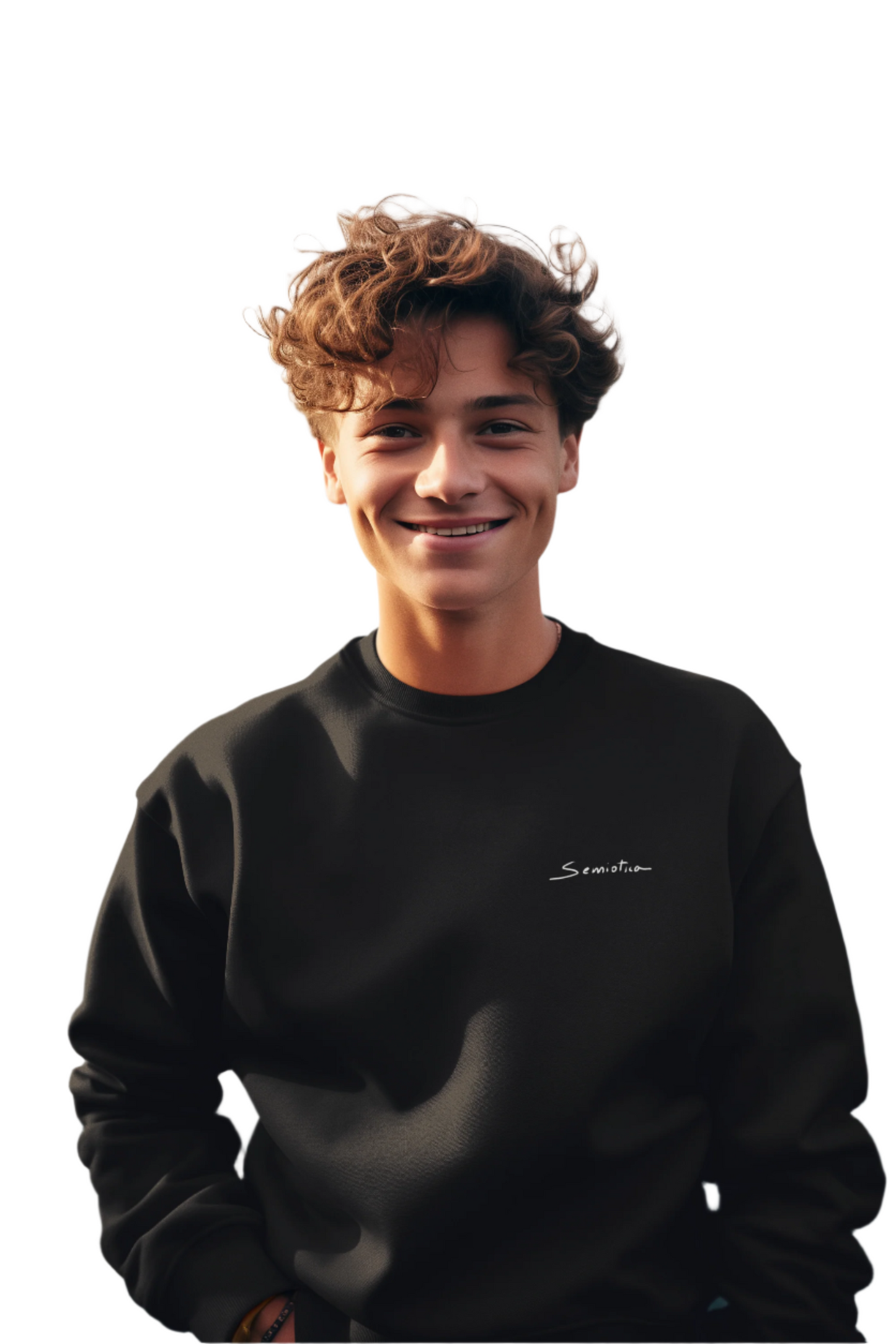 Smiling male model wearing black Semiotica sweatshirt, front logo visible.
