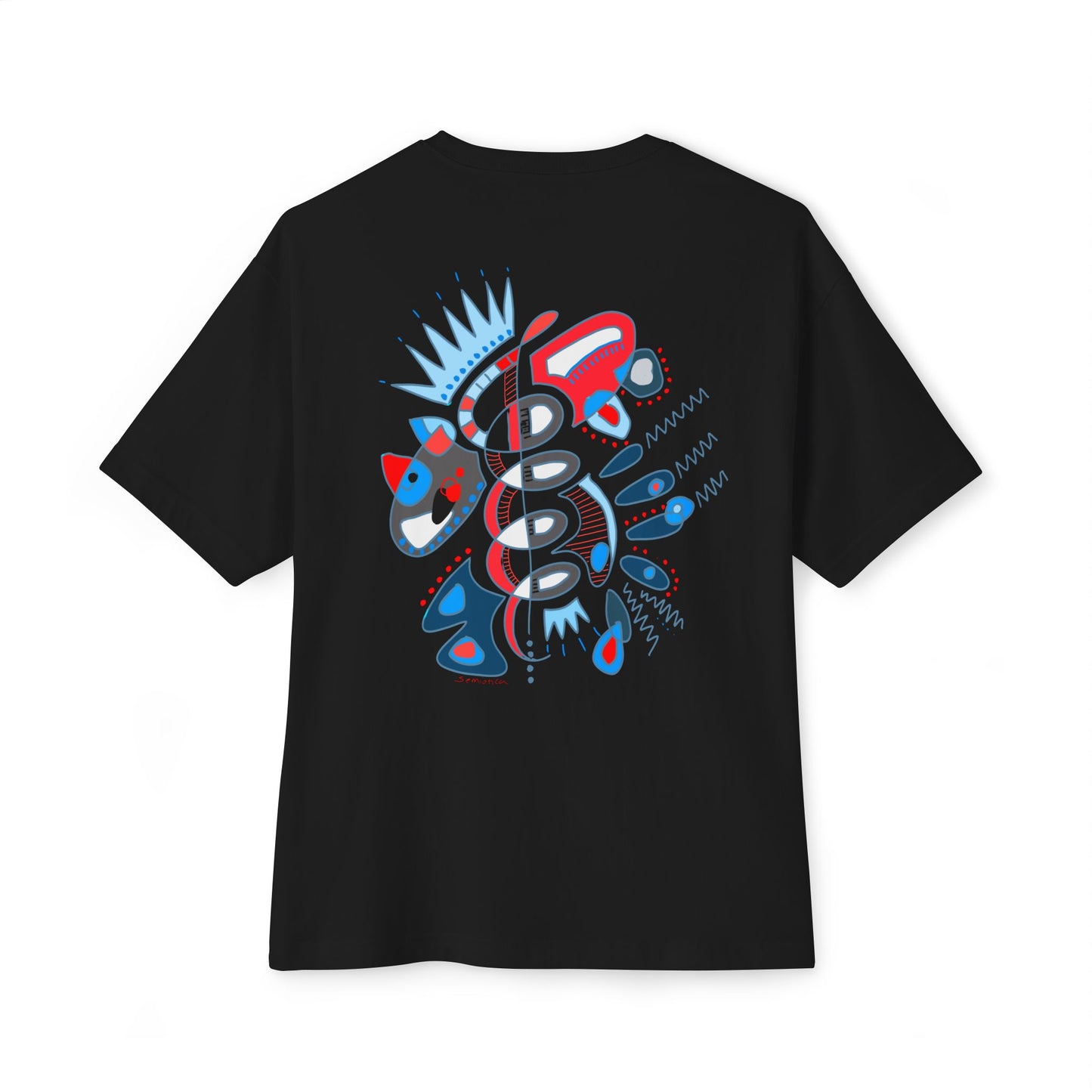 Unisex black t-shirt featuring symbolic 'Heartbeat Spiral' print on the back by Semiotica.
