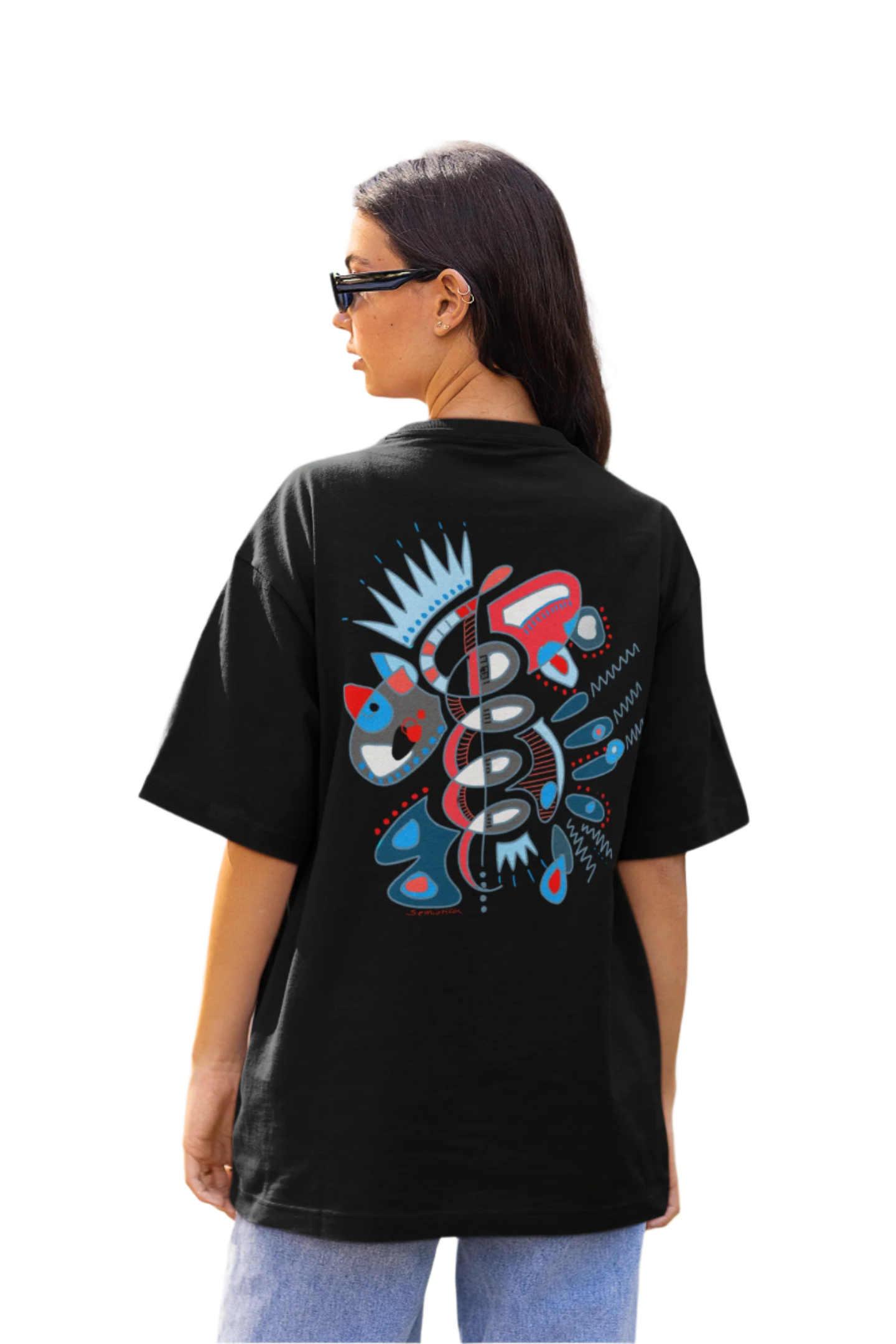Female model showcasing the 'Heartbeat Spiral' print on the back of the oversized black t-shirt.
