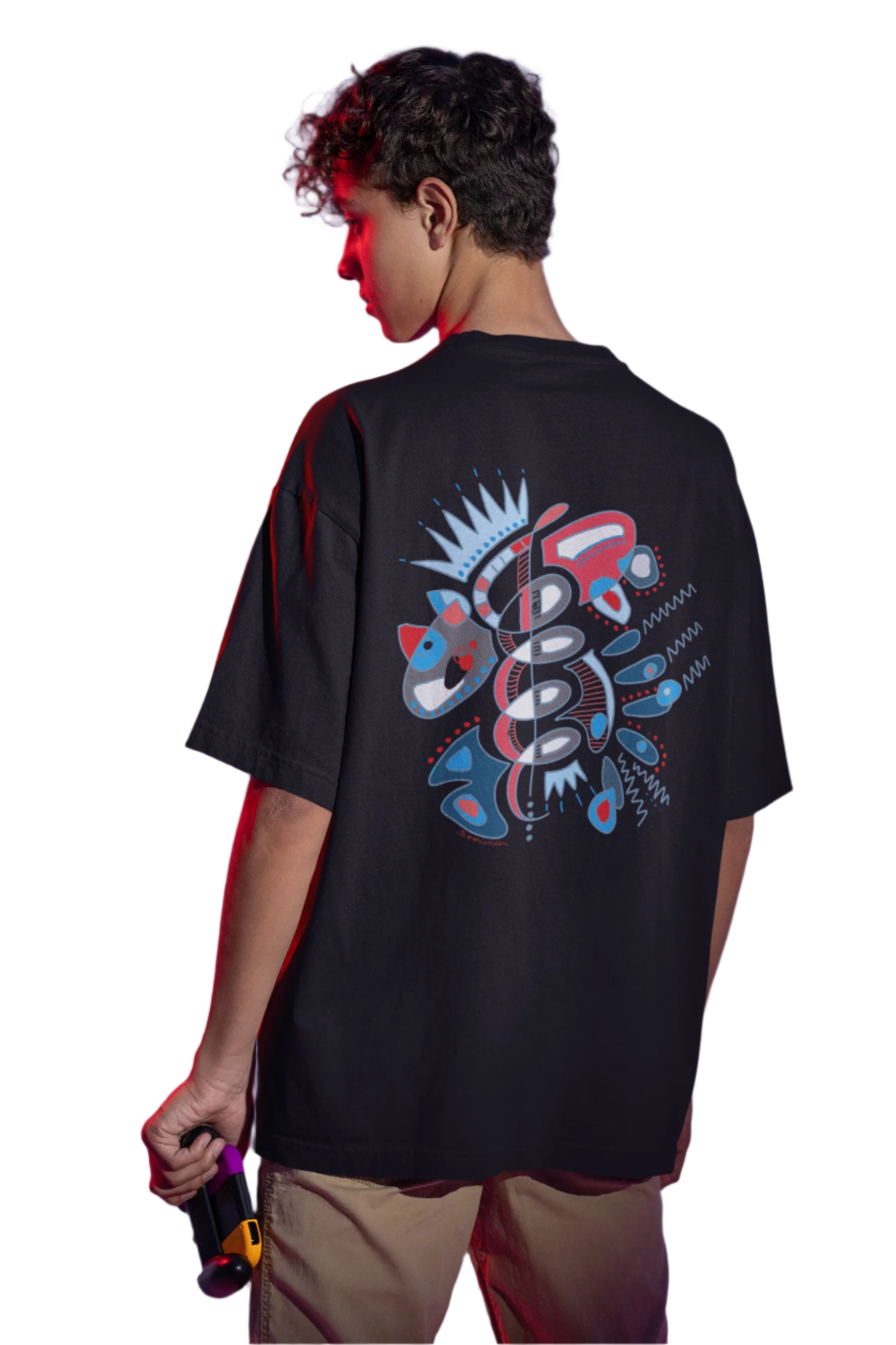 Male model wearing the 'Heartbeat Spiral' black t-shirt, showing the bold graphic on the back.