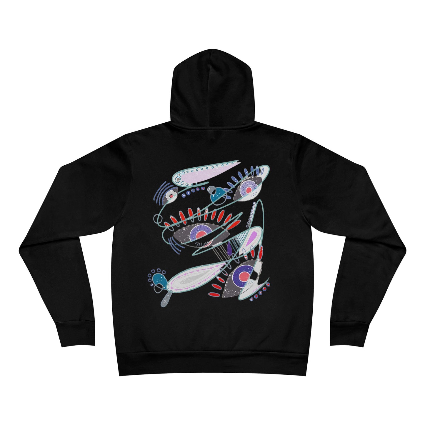 Back view of The Dance of Thought black hoodie by Semiòtica, featuring colorful abstract symbolic design.