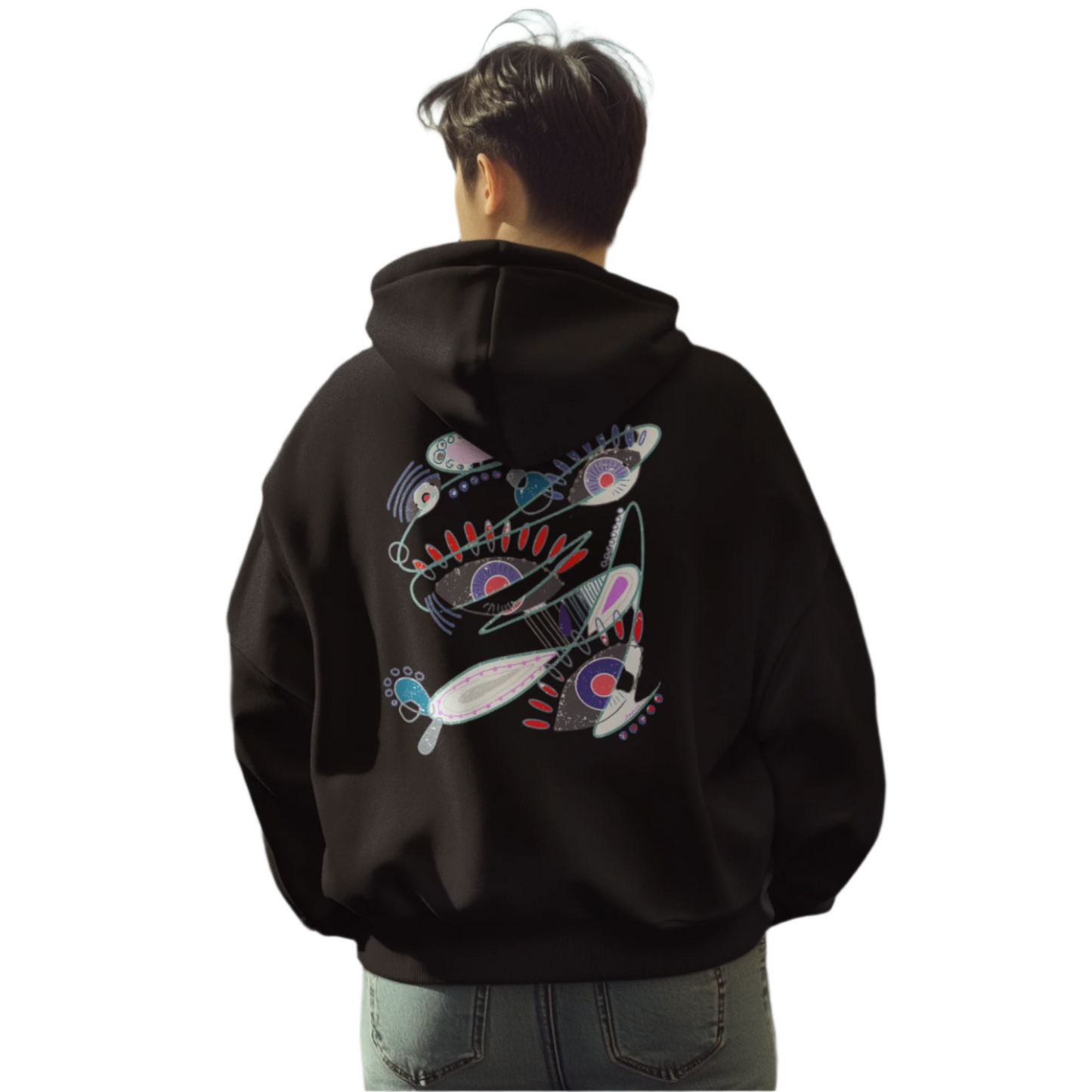 Man wearing The Dance of Thought hoodie by Semiòtica with abstract art print on the back.