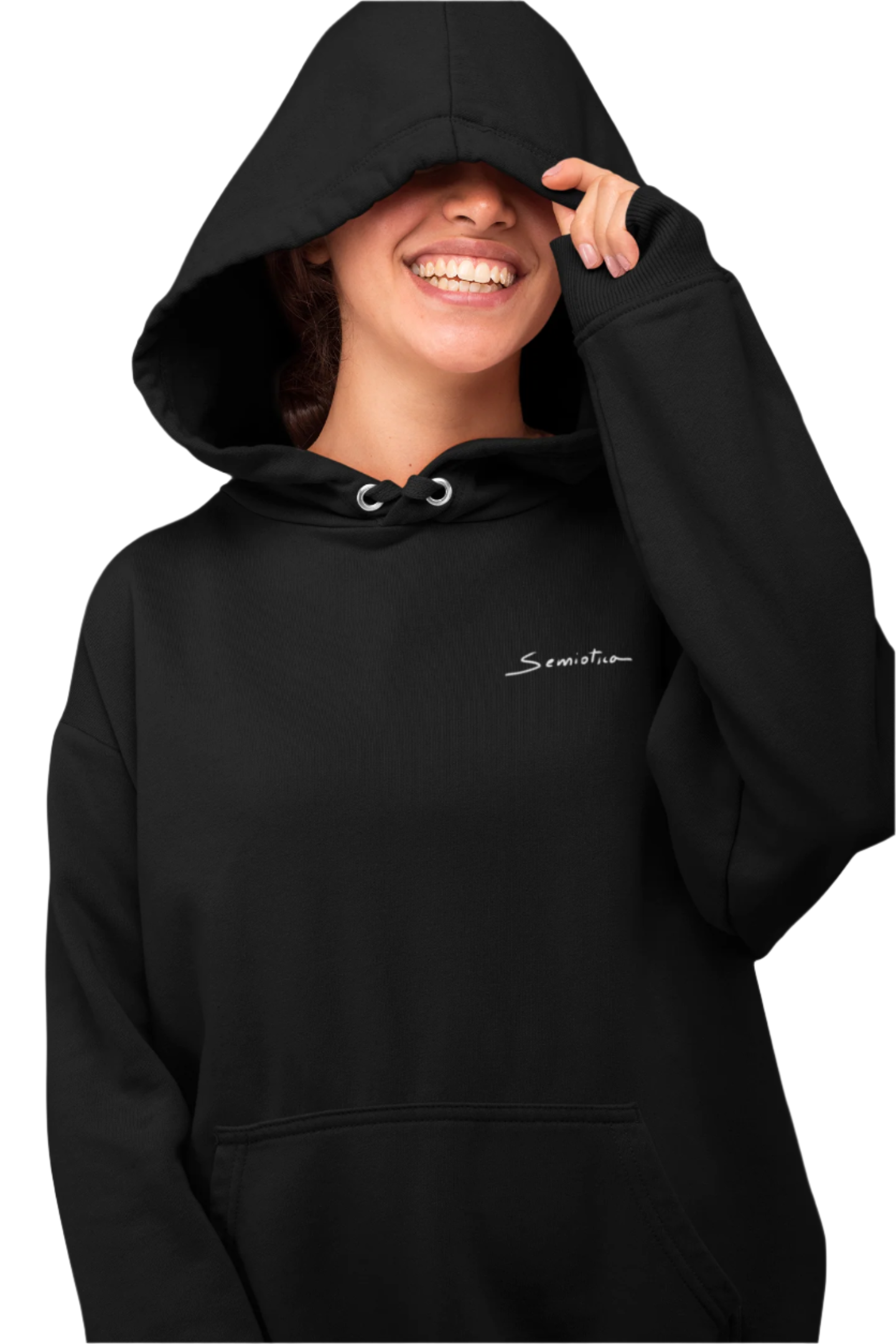 Smiling woman wearing The Dance of Thought black hoodie with hood up and Semiòtica logo on chest.