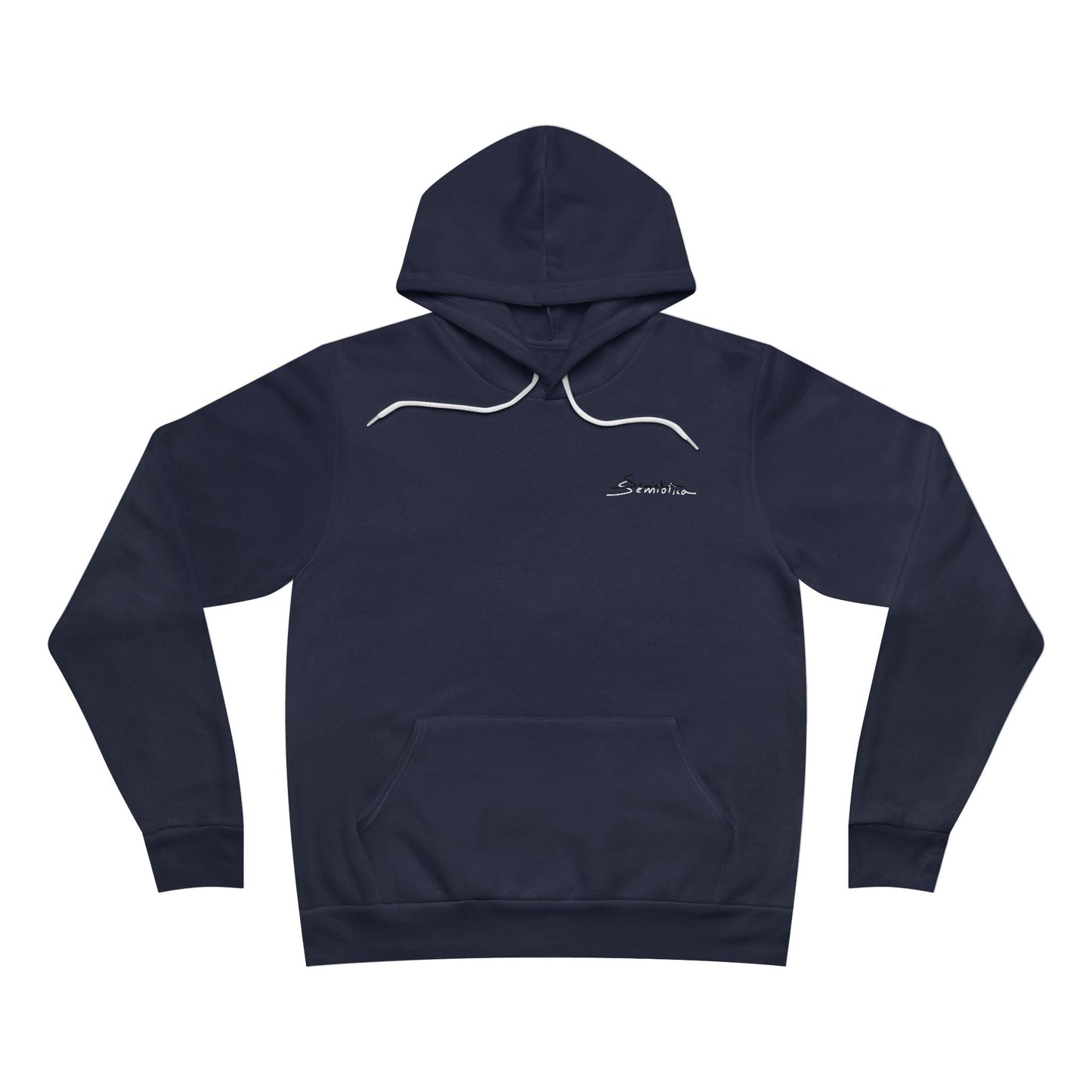 Front view of navy blue hoodie with minimalist Semiòtica logo on chest.