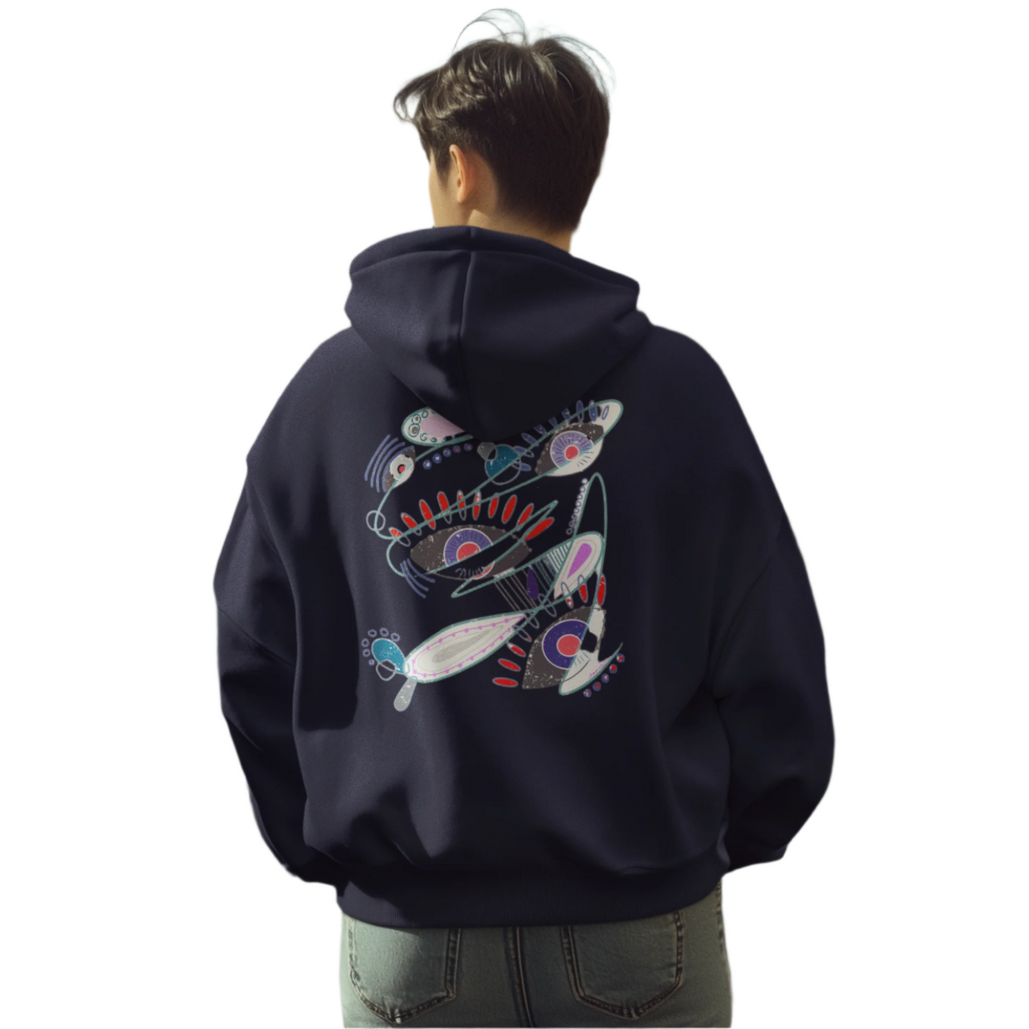Man wearing The Dance of Thought hoodie with expressive abstract print on the back.