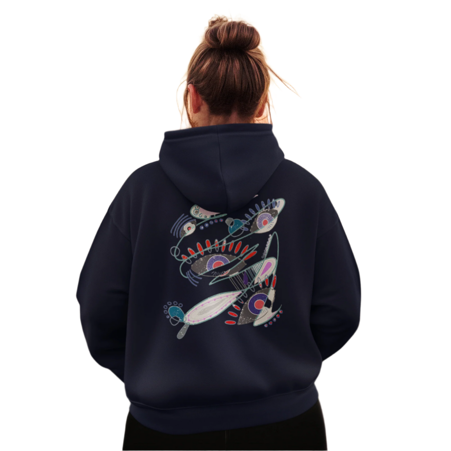 Woman wearing The Dance of Thought hoodie showing symbolic back design by Semiòtica.