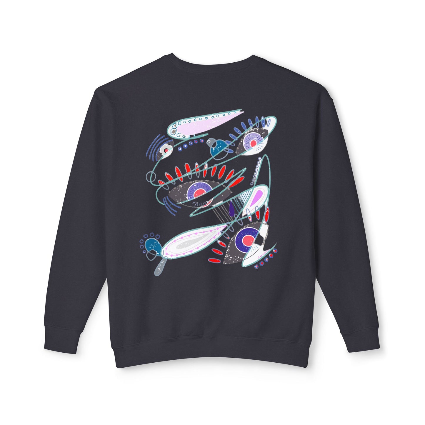 Back view of The Dance of Thought black sweatshirt by Semiòtica featuring symbolic abstract artwork.