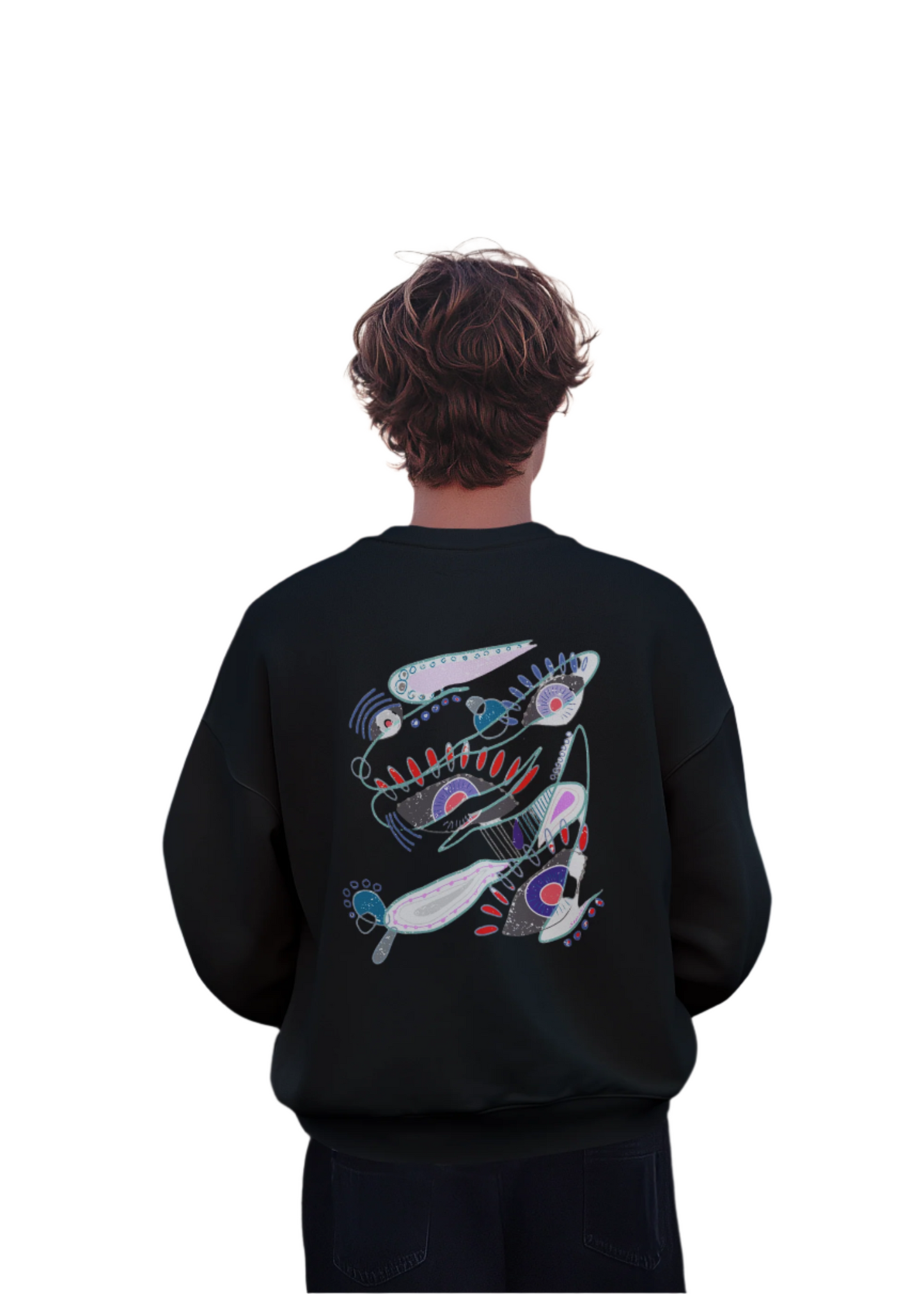 Man wearing The Dance of Thought black sweatshirt showing colorful abstract symbolic print on the back.