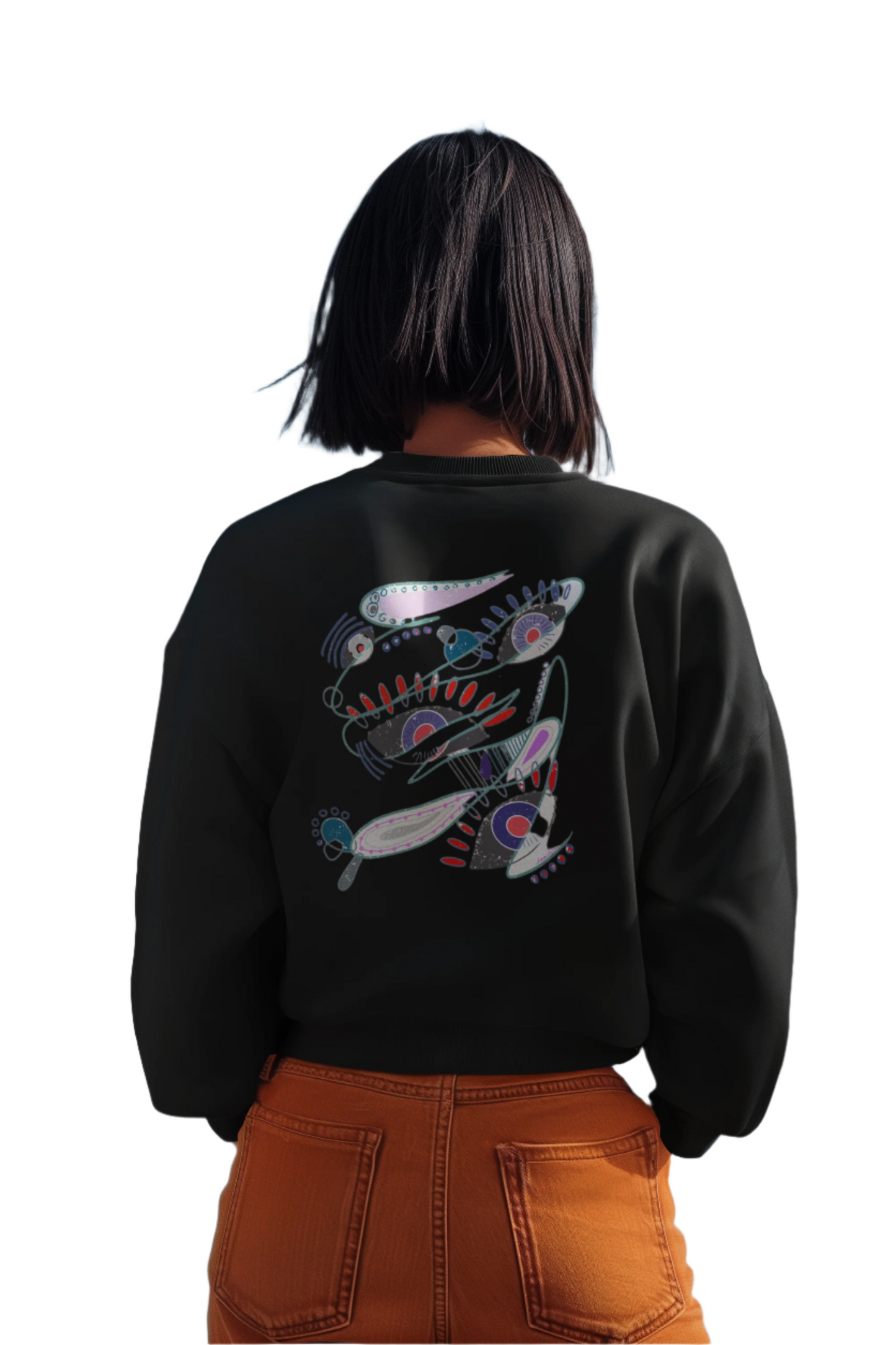 Woman wearing The Dance of Thought sweatshirt with artistic symbolic design on the back.