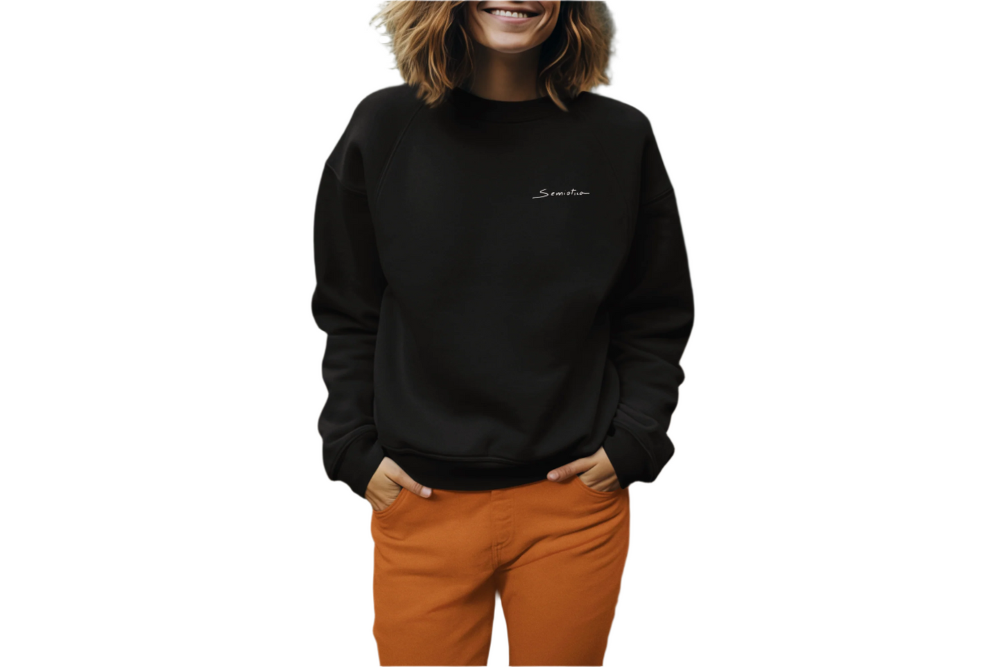 Front view of a woman wearing The Dance of Thought black sweatshirt with the Semiòtica logo.
