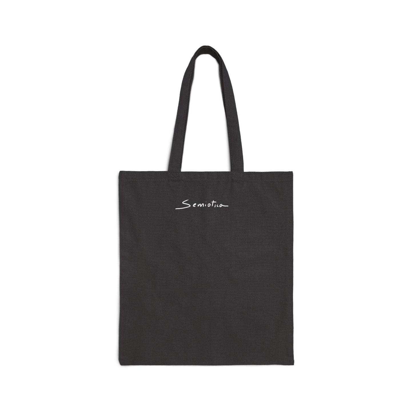 Black tote bag with Semiotica logo on a white background