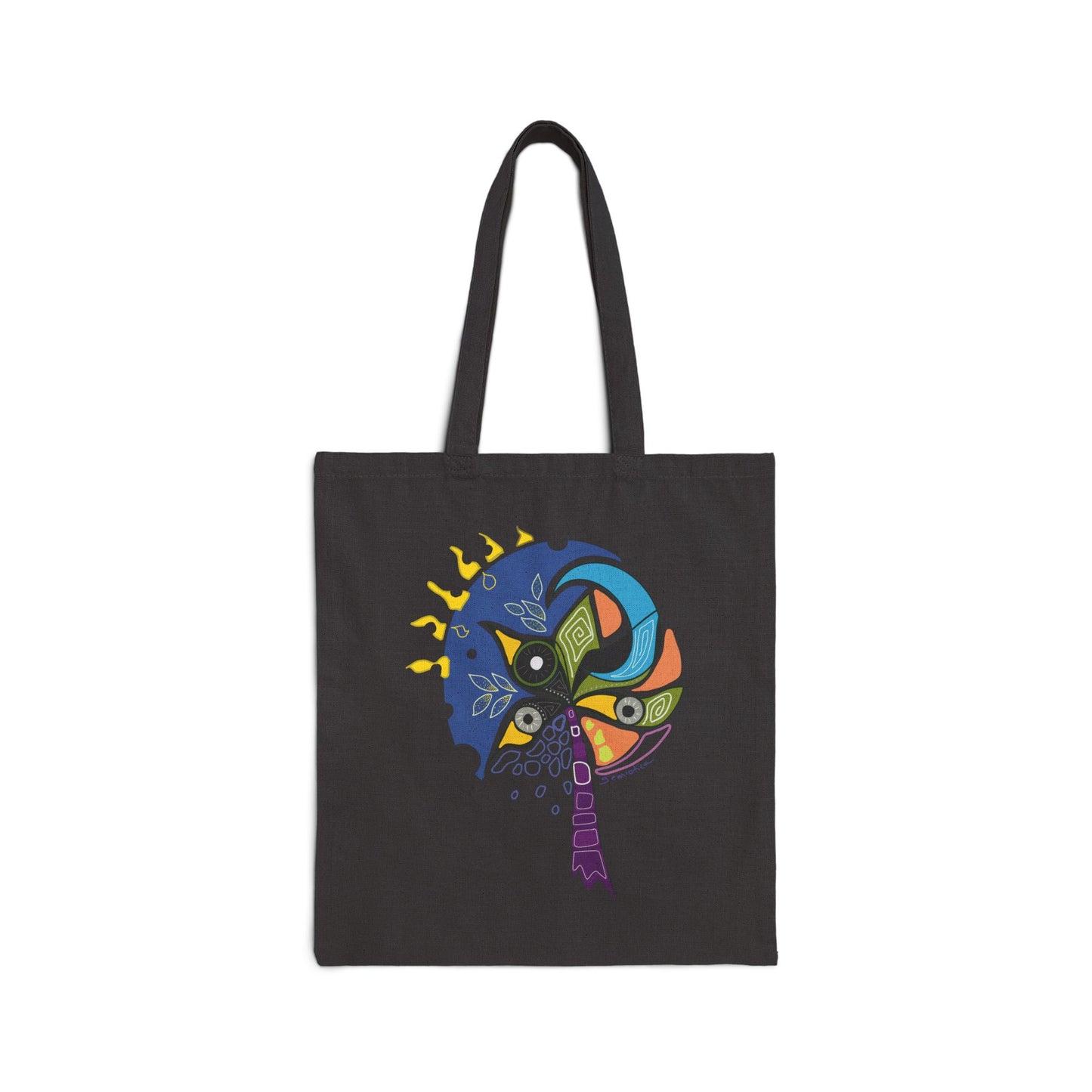 Black tote bag from Semiotica with a design printed on a white background