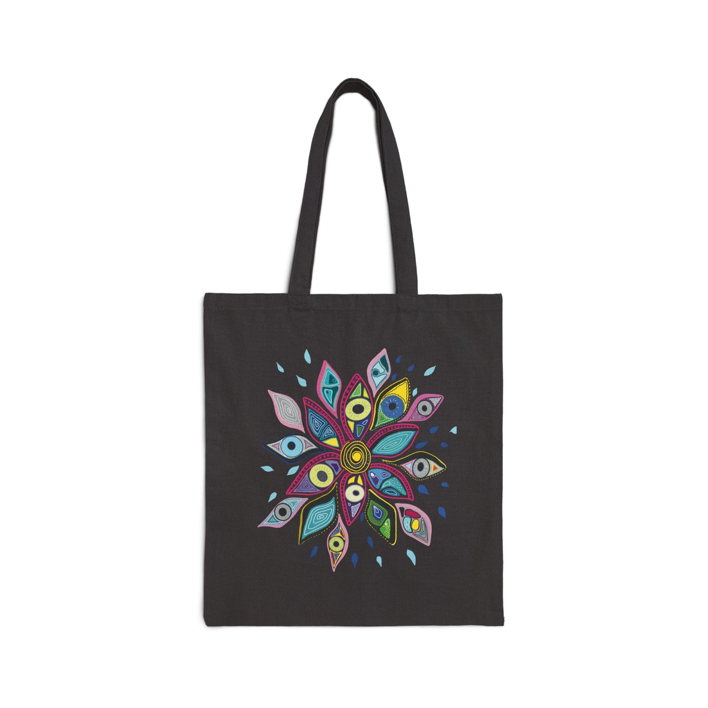 Black tote bag from Semiotica with a colorful mandala design on a white background