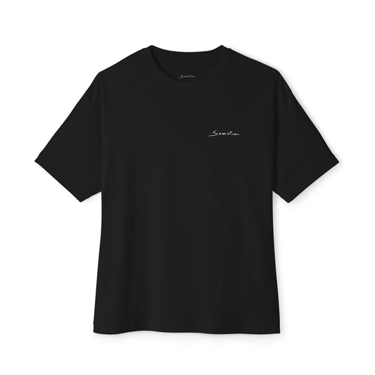 Black t-shirt with a white Semiotica logo on a white background