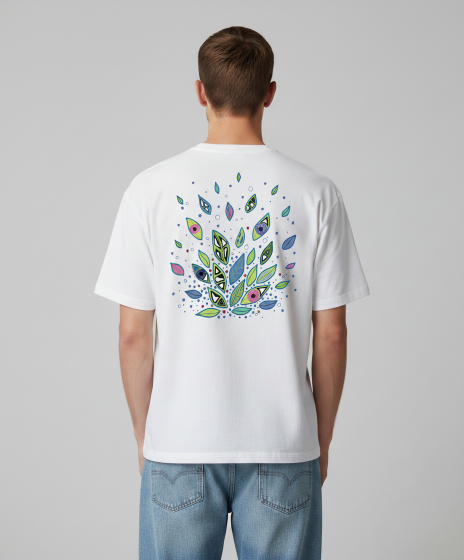 Man wearing a white t-shirt from semiotica with a colorful leaf pattern on the back against a gray background